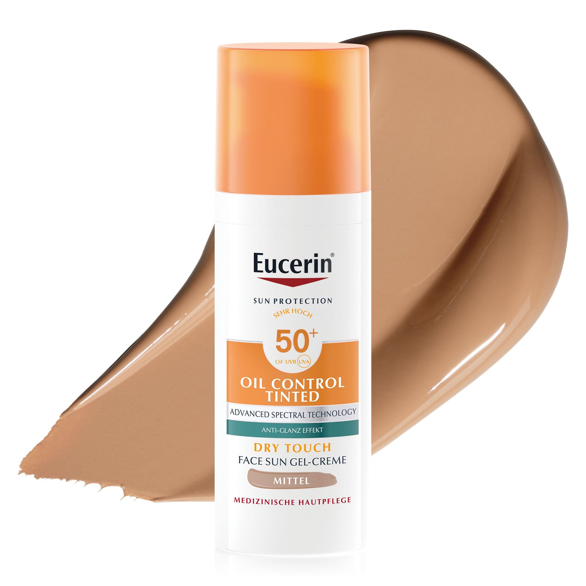 Eucerin Oil Control Tinted Sun Face Gel-Creme LSF 50+ Mittel 50ml, unparfümierte Sonnencreme mit Dry Touch für empfindliche, fettige und zu Akne neigende Haut, getönte Tagescreme mit UV-Filter