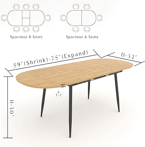 Miniatura 3 de Mesa de comedor extensible de 75 x 32 pulgadas, mesa ovalada de madera con patas de metal, ahorro de espacio, extensible de 59 a 75 pulgadas
