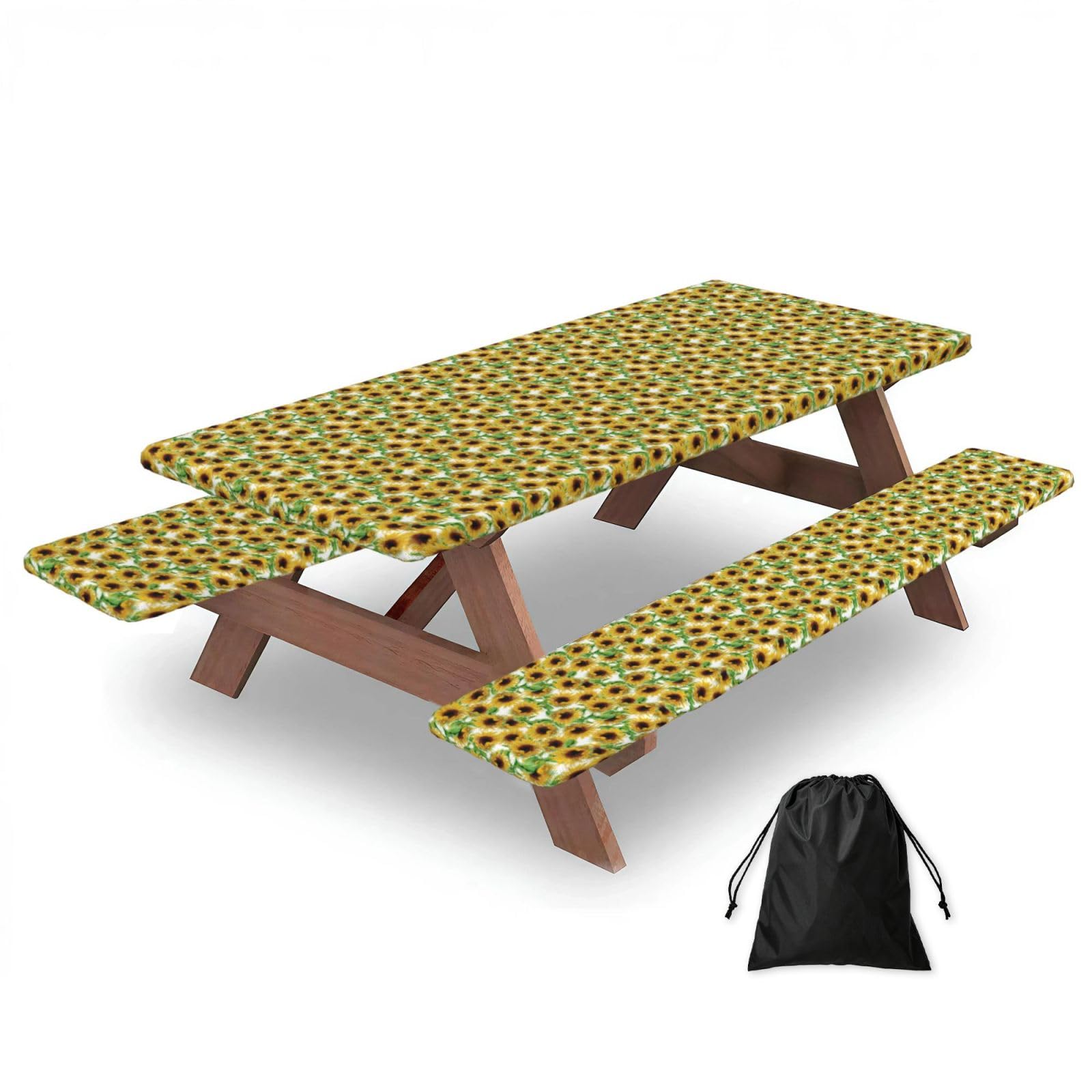 PPHGUT Yellow Sunflowers Print Picnic Table Bench Cover Set Outdoor Garden Bbq Protector For Family Camping