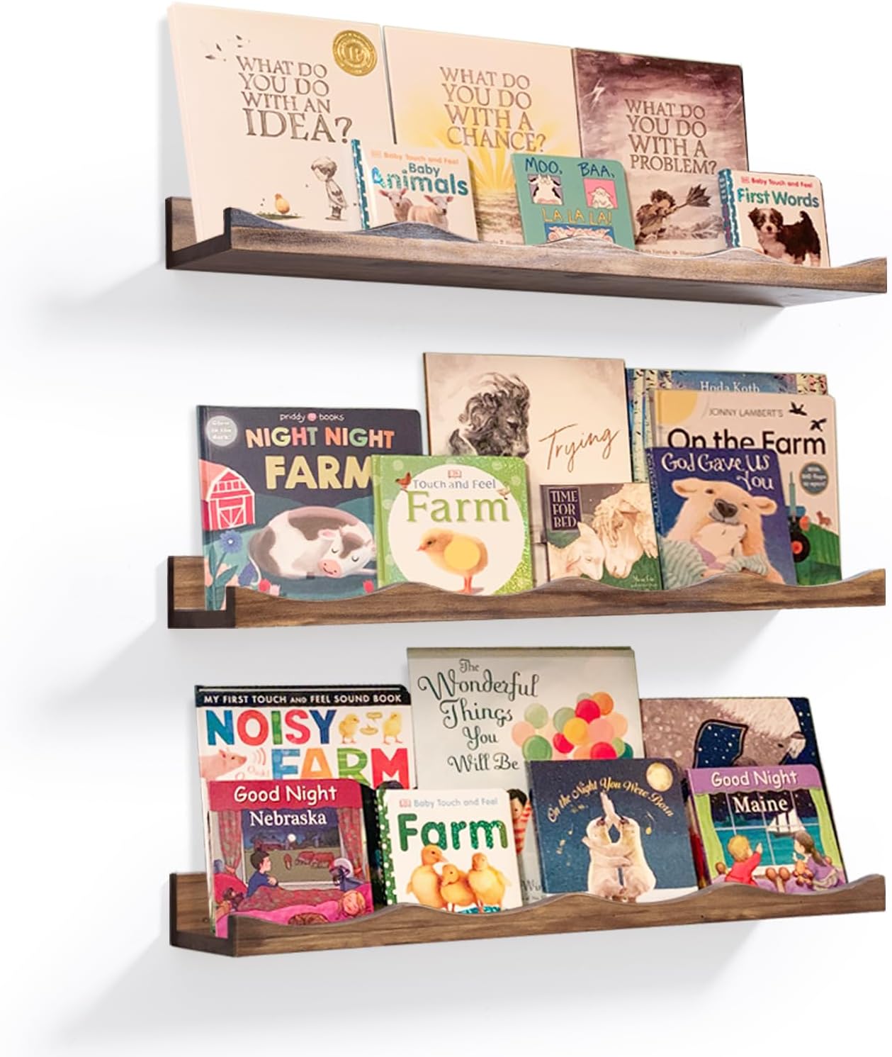 Floating Bookshelf for Kids, Floating Shelves for Wall Cloud Picture Ledge Shelf Walnut 23.6 Inches Nursery Book Shelves Set 3, Baby Book Shelf for Kids Room, Toddler Room, Baby Room, Nursery Decor