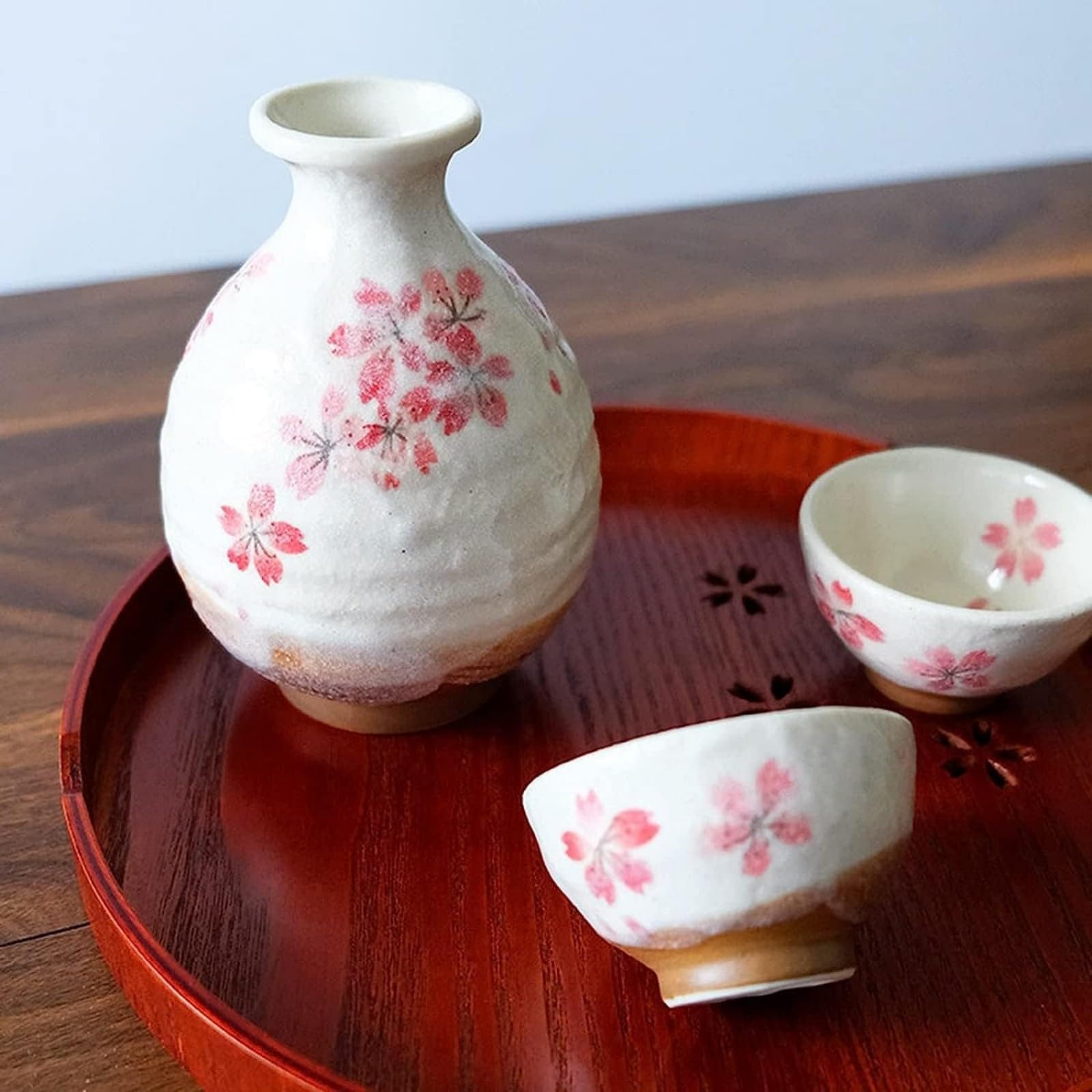 Service à saké en céramique, Tasse à vin Traditionnelle en céramique Faite à la Main, Fleurs de Cerisier peintes à la Main, Porcelaine Facile à Nettoyer (1)