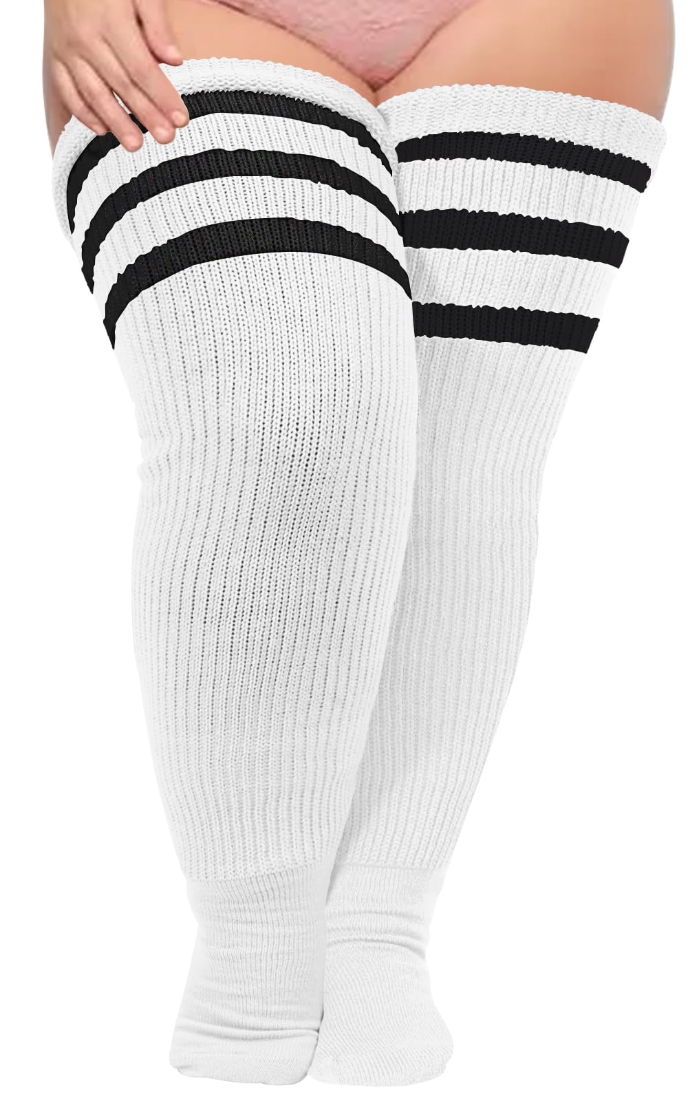 Moon Wood Womens Plus Size Thigh High Socks Extra Long Striped Thick Over the Knee Socks Leg Warmer Boot Stockings