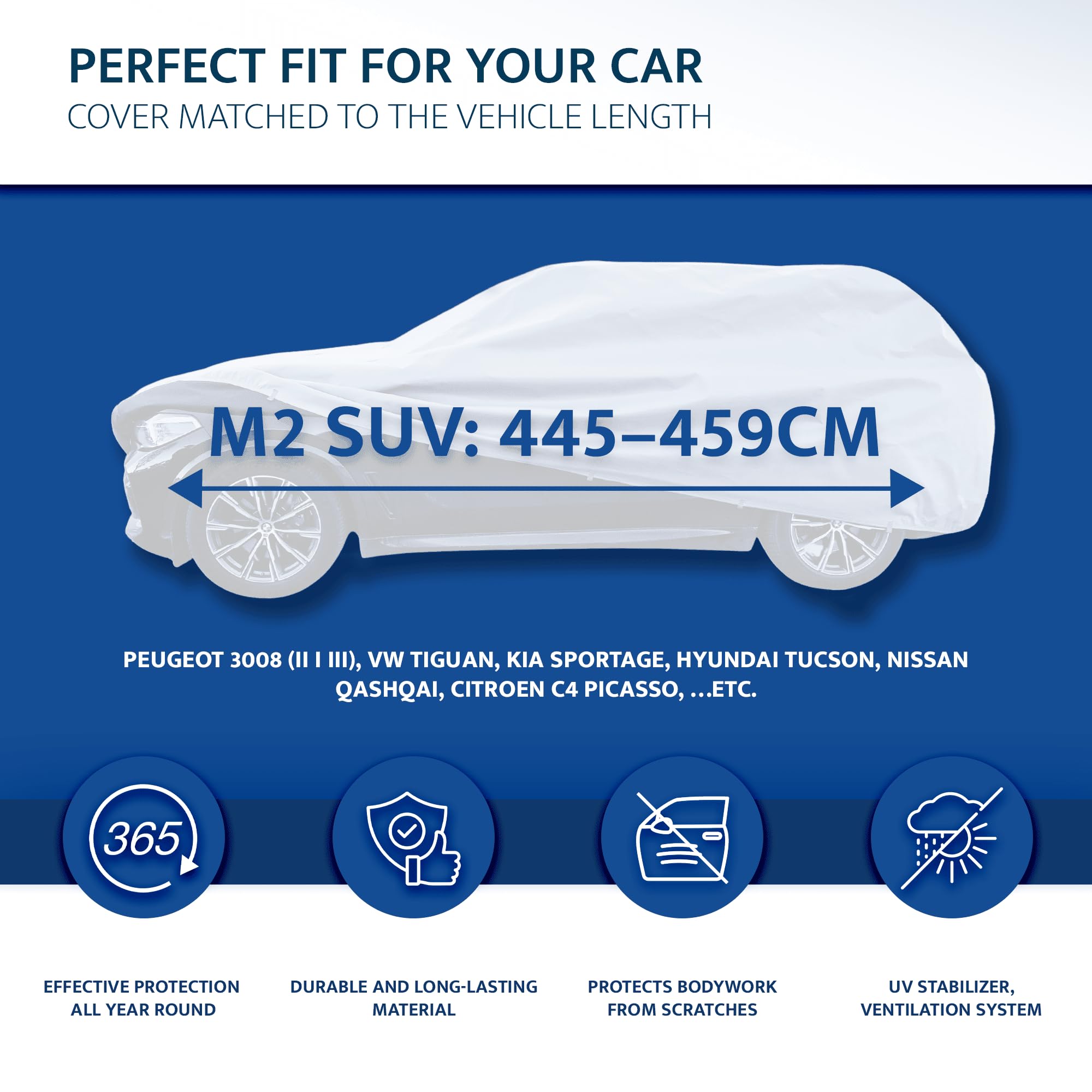 Autoabdeckung Wasserdicht Abdeckplane Auto Atmungsaktiv Sonne, Staub, Hagelschutz, UV-Schutz M (445-459 cm) 11 mm SUV - Autoplane Autohülle Winter & Sommer