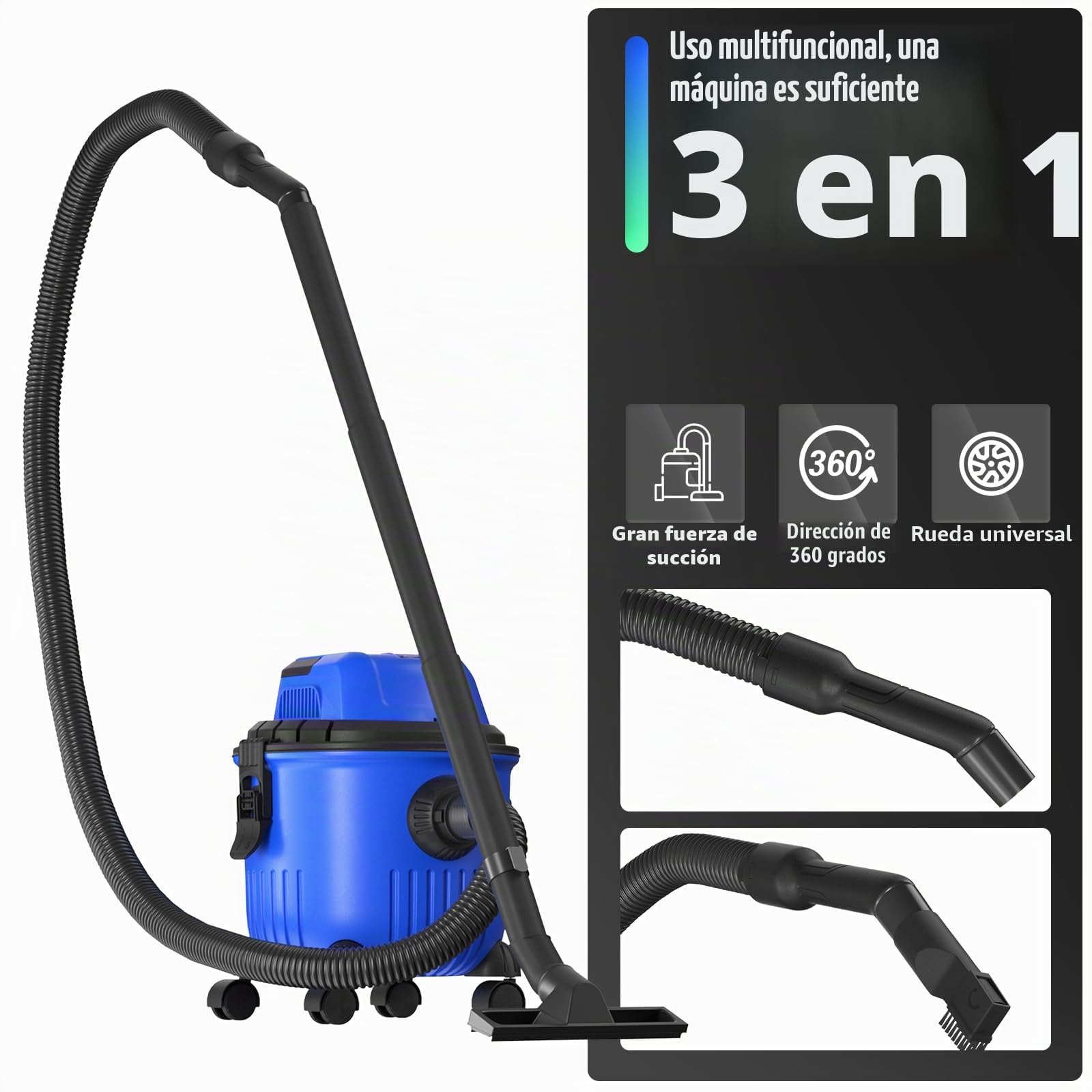 Aspirador en Seco y Húmedo 3 en 1 Potente - Depósito Total de 15L, Sólidos y Líquidos, Lava Aspiradora 220V 1500W para Hogar, Patio, Garaje, Taller