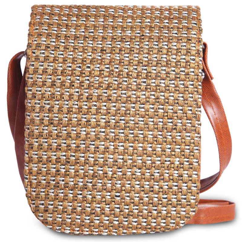 Image of Eco-Friendly Jute Ethnic Side Sling Bag /Cross Body Bag For Women /Girls With Front Mobile Pocket. Flop Closure With Adjustable Shoulder Strap-SLMB01