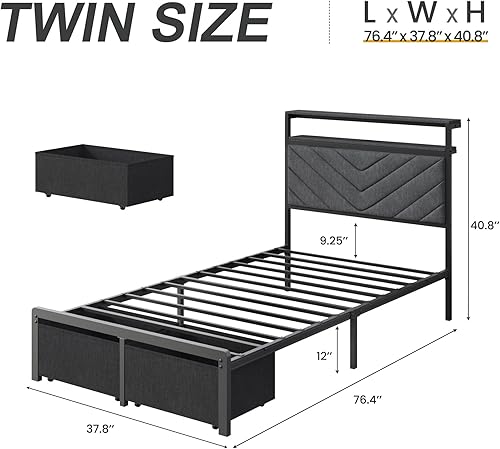 Miniatura 2 de HISOFT Marco de cama individual con estación de carga, luces LED y 2 cajones de almacenamiento, cama plataforma gris con cabecera tapizada,