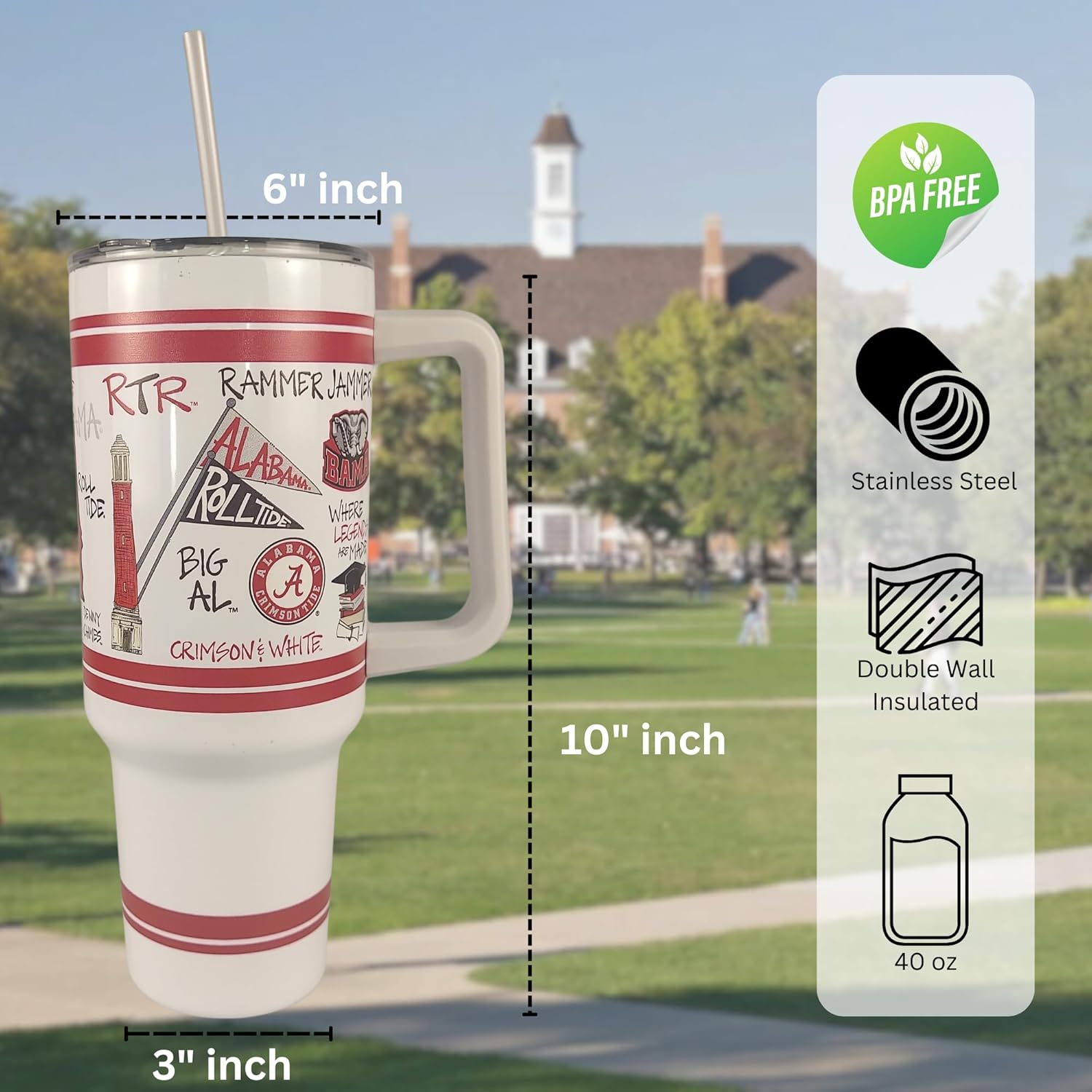 Magnolia Lane University of Alabama 40 oz Travel Tumbler with Handle Stainless Steel Insulated Thermos with Handle, Lid and Straw – Unique Decorative Bottle – For Ice Water, Coffee, or Smoothie - Image 2