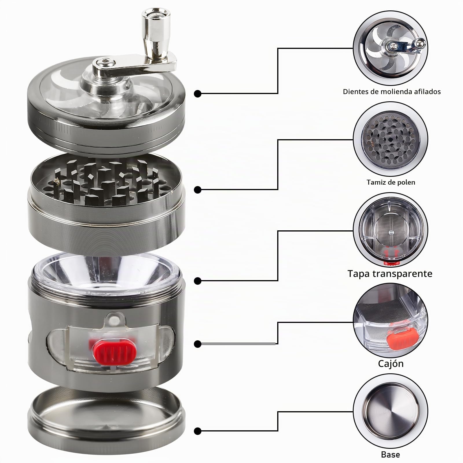 Grinder - Molinillo de especias con manivela, 4 piezas, 63 mm de diámetro, con cajón, aleación de zinc, raspador de polen y tapa magnética para especias, hierbas, hierbas (níquel negro)