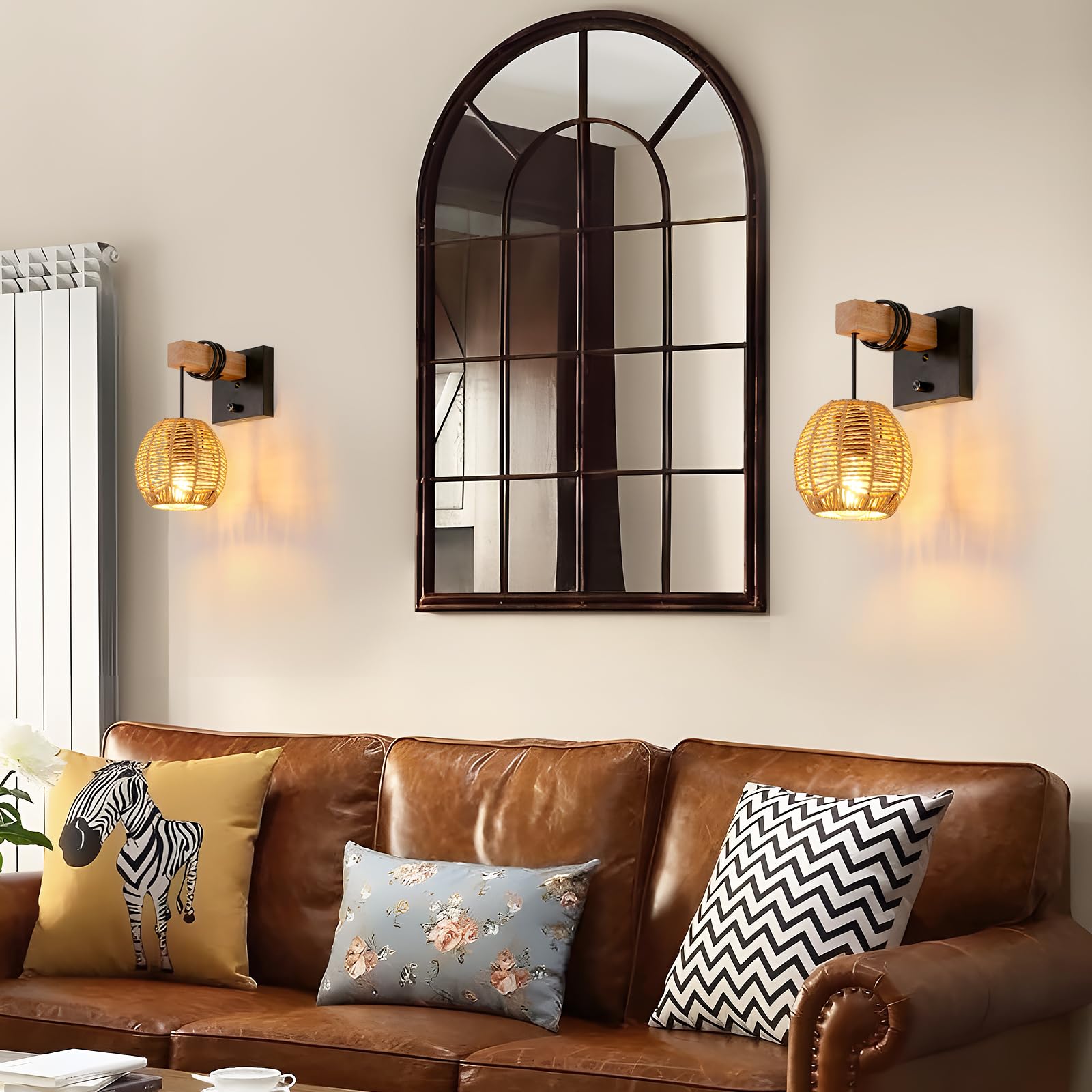 E27 Aplique de Pared de Ratán con Interruptor Ø14CM (Sin Bombillas) | Lámpara de Pared Interior E27, Madera y Ratán Luz de Pared Retro para Dormitorios Salas de Estar Salón