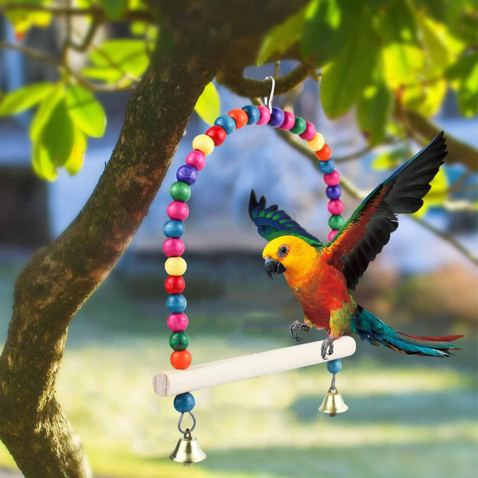 Natural Wooden Bird Swing With Bell, Colorful Parrot Cage Hanging Toy, Perch Stand Boredom Breaker for Budgie Parakeet, Cockatiel (L) - Image 4