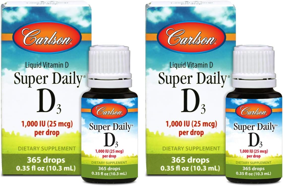 Carlson - Super Daily D3, 1000 IU (25 mcg) per Drop, Heart & Immune Health, Liquid Vitamin D3, Unflavored, 365 Drops (2 Pack)