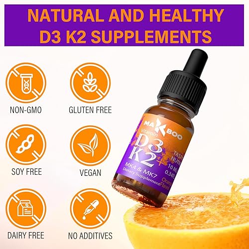 Miniatura 5 de (2 paquetes) Gotas de vitamina D3 K2, vitamina D3 5000 UI y vitamina K2 como MK4 y MK7 - Defensas y absorción más rápida, suplemento de calcio para