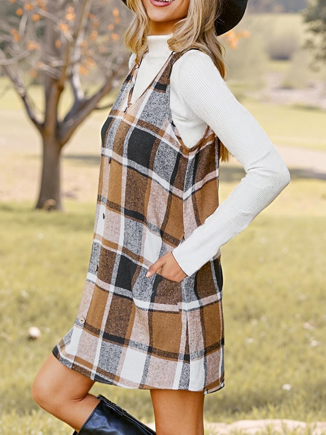 CUPSHE Women's Fall Dresses V Neck Plaid Sleeveless Wide Straps Casual Button Pinafore Overall Mini Dress with Pockets - Image 6