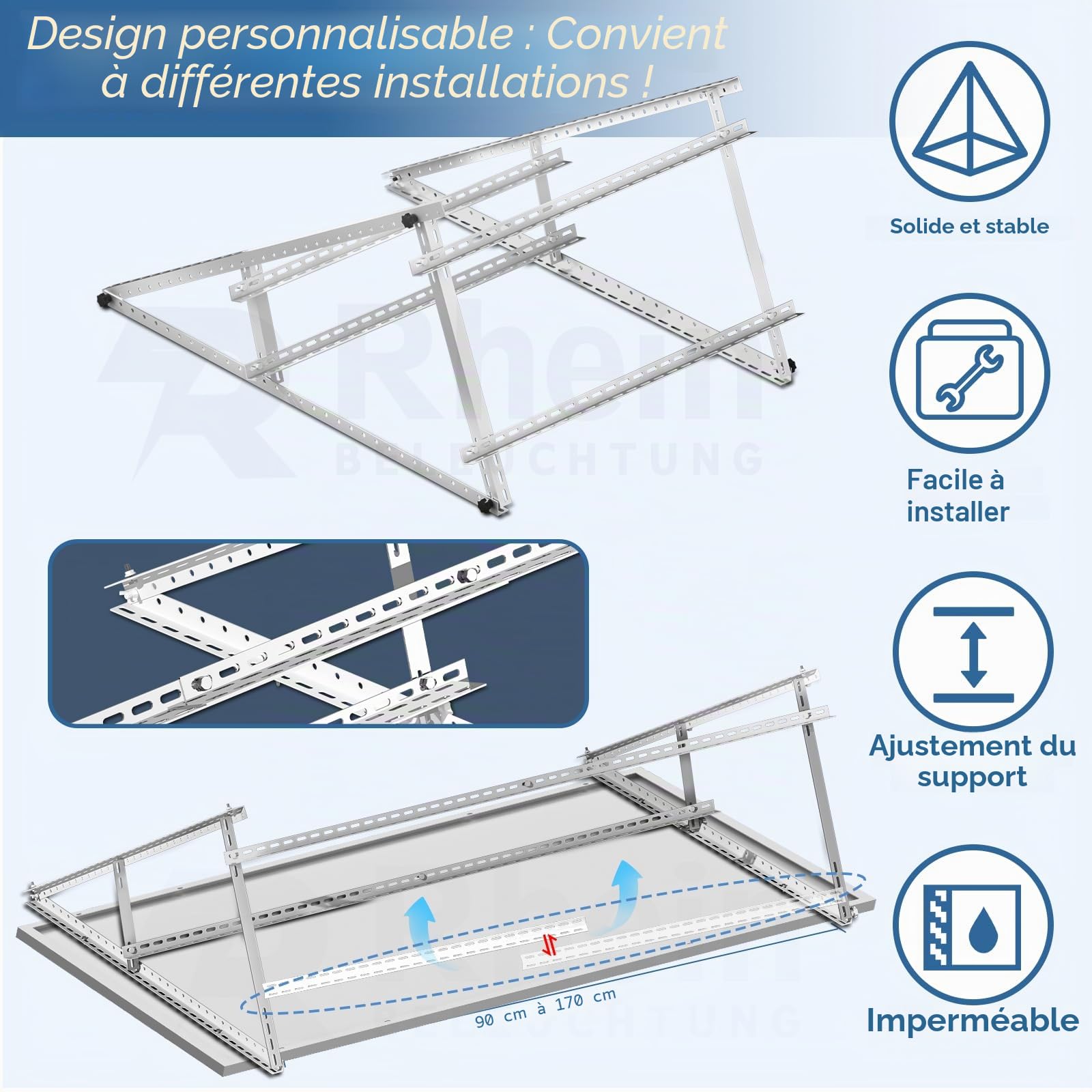 Lot de 2 supports pour centrale électrique de balcon - 117 cm - Support de panneau solaire plat pour panneaux solaires - Angle réglable de 0 à 90 ° - Compatible avec les panneaux solaires de 100 à 600