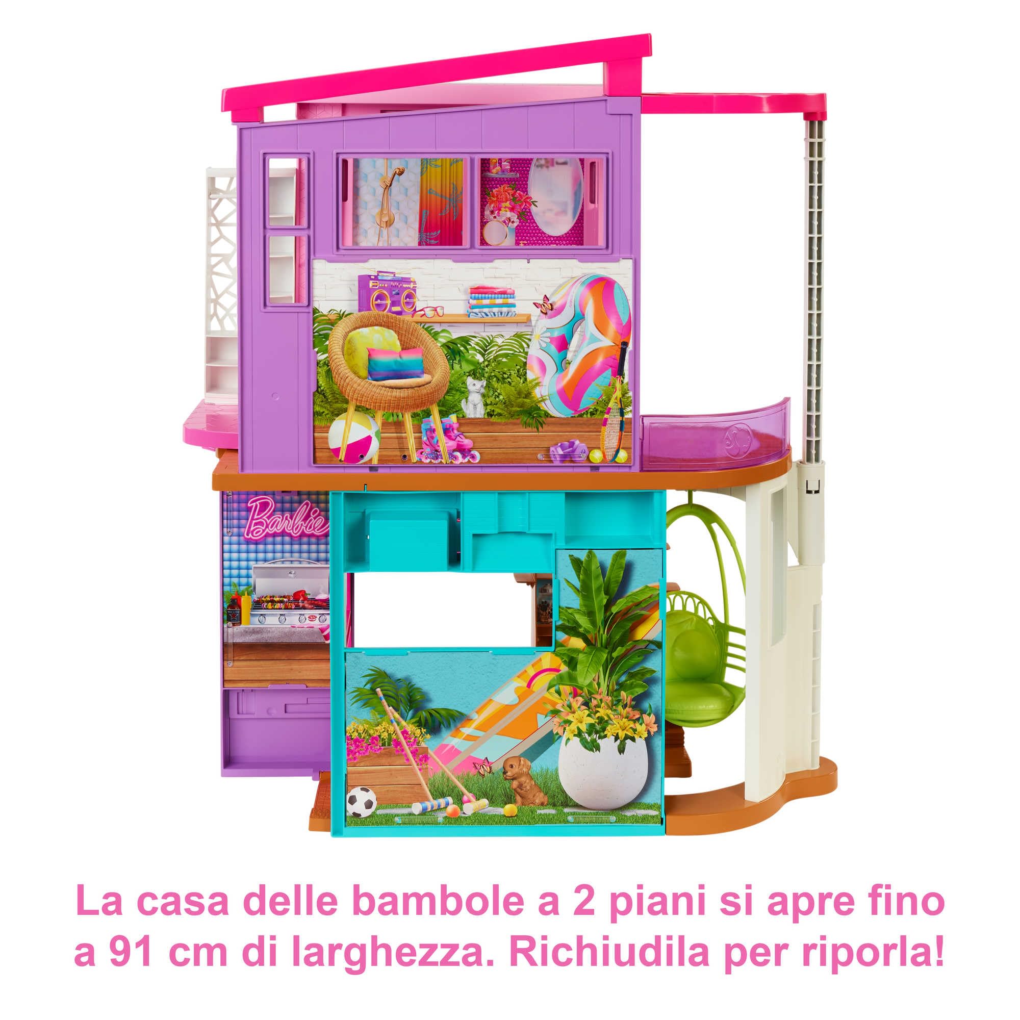 Barbie - Casa di Malibu (106 cm) playset casa delle bambole con 2 piani, 6 stanze, ascensore altalena e più di 30 pezzi, Giocattolo per Bambini 3+ Anni, HCD50