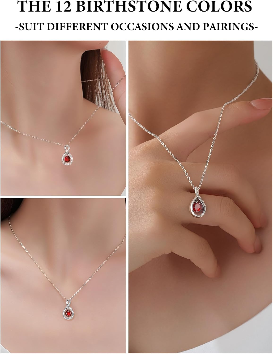 925 Sterling Silver Garnet Necklace,January Birthstone Infinity Necklace,16"+2" Adjustable Red Pendant Necklaces Jewelry Gift for Women