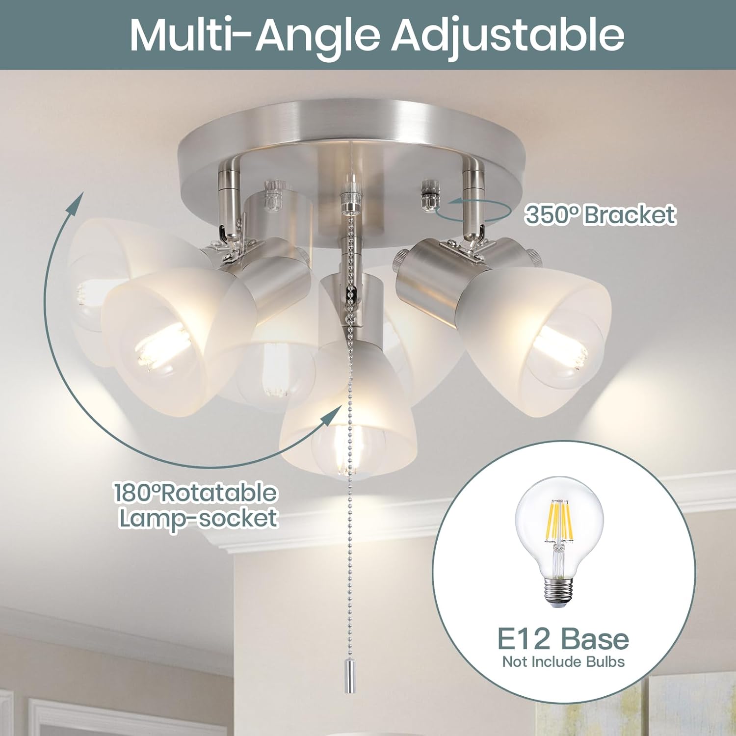 KEESFU 3-Light Brushed Nickel Track Lighting with Pull Chain Switch, Adjustable Flush Mount Ceiling Light with Glass Shades, Multi-Directional for Kitchen, Bedroom, Hallway E12 Base（No Bulbs）