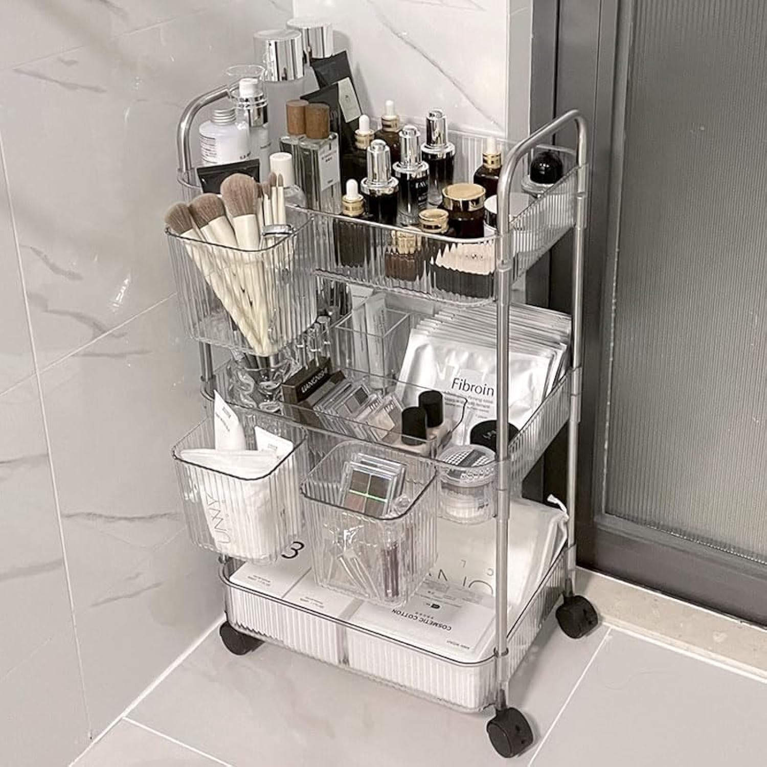 3 Tier Storage Rolling Cart, Transparency Laundry Room Organization, Utility Rolling Carts with Wheels and Handle, Utility Cart for Office Bathroom Living Room Kitchen