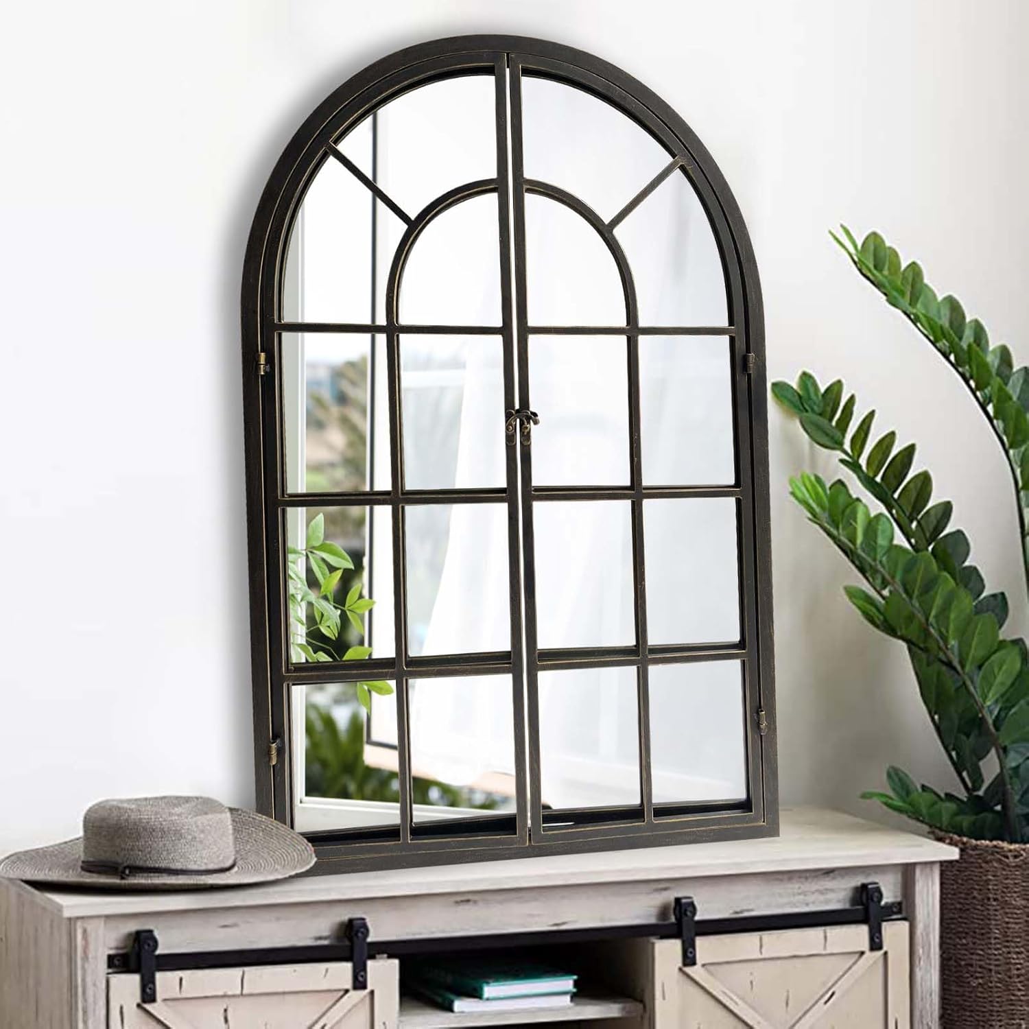 ironsmithn Arched Window Mirror, 36"x24" Grid Mirrors, Windowpane Mirror, Black Metal Arch Mirrors for Decor Living Room Fireplace Entryway Bedroom Hallway
