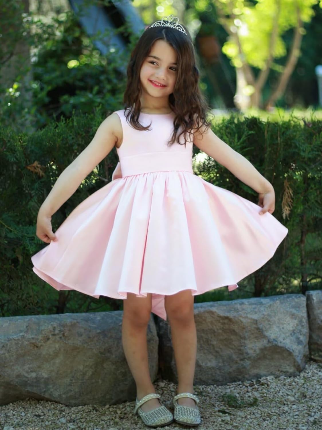 Satin Flower Girl Dress Knee Length Short First Communion Dresses for Girls Kids Bow-Knot Princess Birthday Gowns