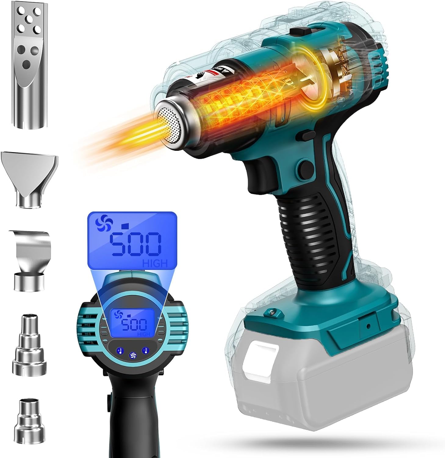 Decaper térmico inalámbrico para batería Makita 18V, 600W 50℃-550 ℃ Decaper térmico AVCE 5 Bocas de ventilación, 6 velocidades de viento, pantalla de temperatura LED, para manualidades, tubos