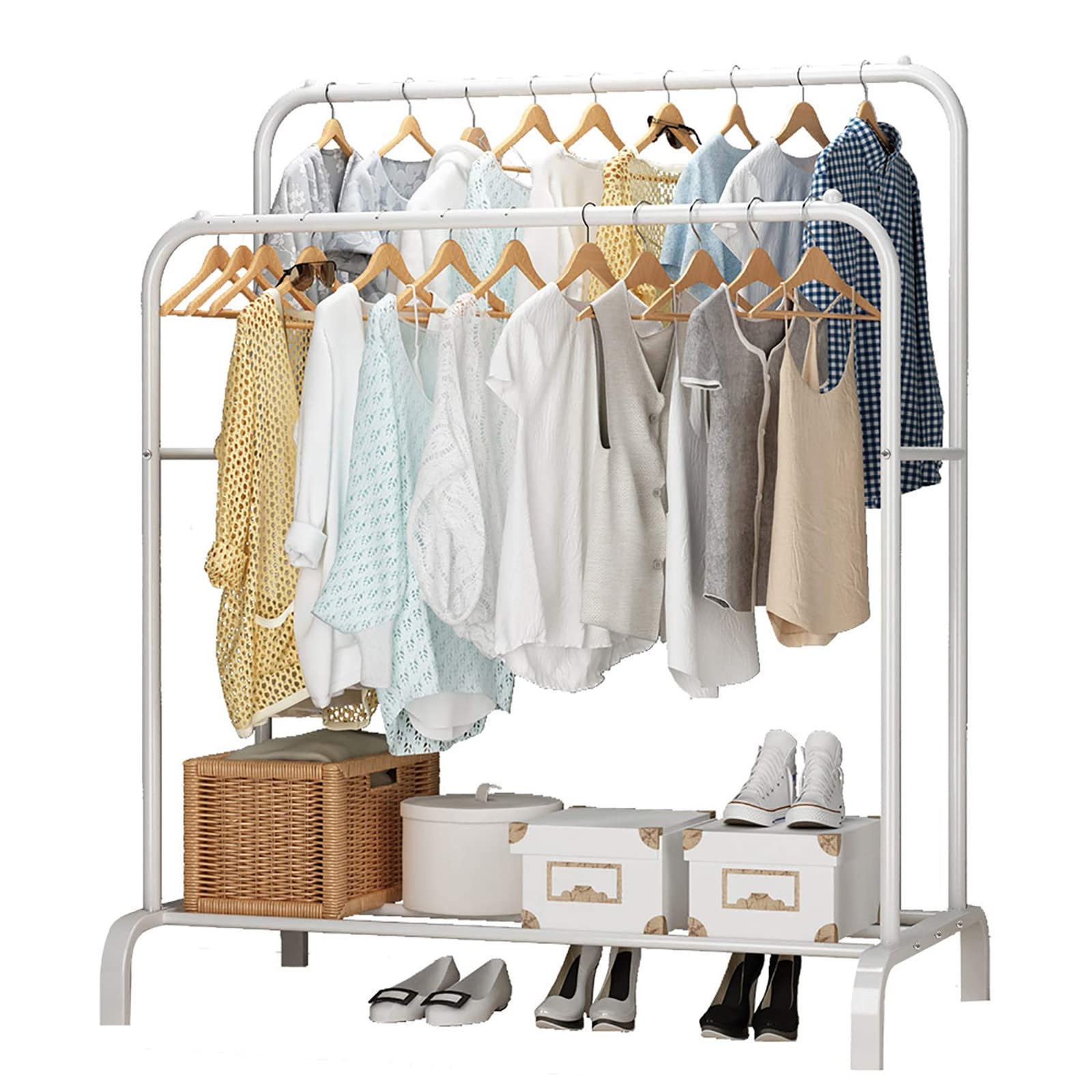 SHOWAY Garment Rack,Heavy Duty Clothes Rack with Storage Shelf ＆Double Clothes Rail Rod,Metal Clothes Hanger Rack for Hallway Bedroom (White)
