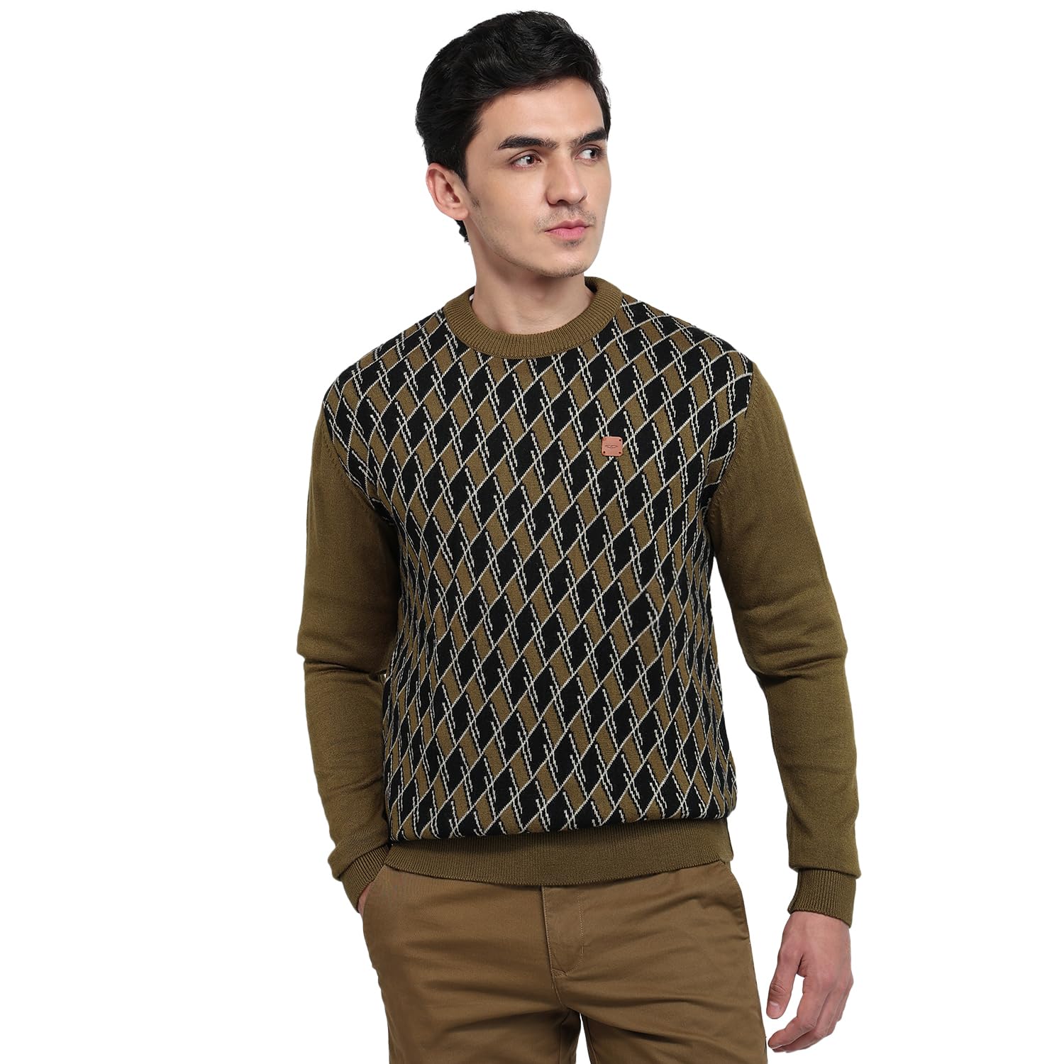 colorplus Men Regular Fit Jacquard Pattern Pure Acrylic Full Sleeve V Neck Casual Sweater Dark Green-picture-29