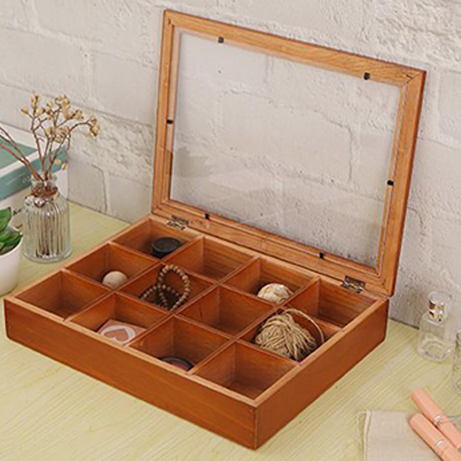 Organizador de Té Contenedor De Madera Con 12 Compartimentos | Almacenamiento de Té con Tapa Transparente Para Cocina, Despensa, Oficina o Cafetería