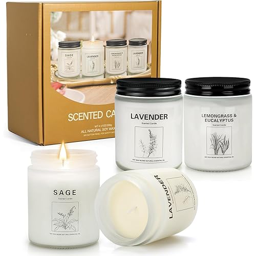 4 Pack Candles for Home Scented, 28 oz 200 Hour Long Lasting Candles Set,Sage Candles for Cleansing House & Lavender Candle for Stress Relief,Aromatherapy Jar Candles Gifts for Women