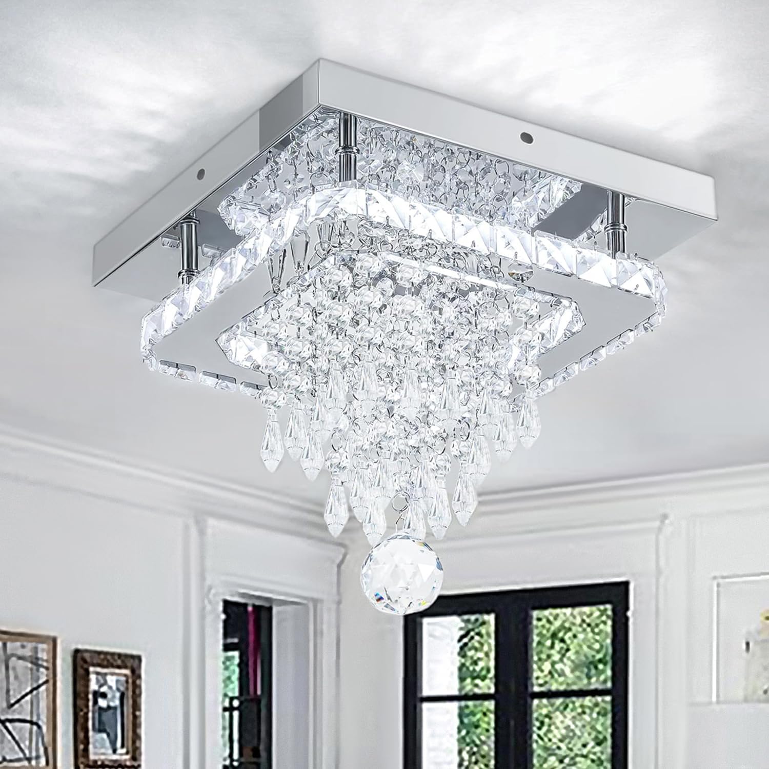 Modern Crystal Chandeliers,7.9Inch LED Ceiling Light, Stainless Steel Crystal Mini Round Flush Mount Ceiling Lamp for Dining Room Living Room Bedroom (Cold White)