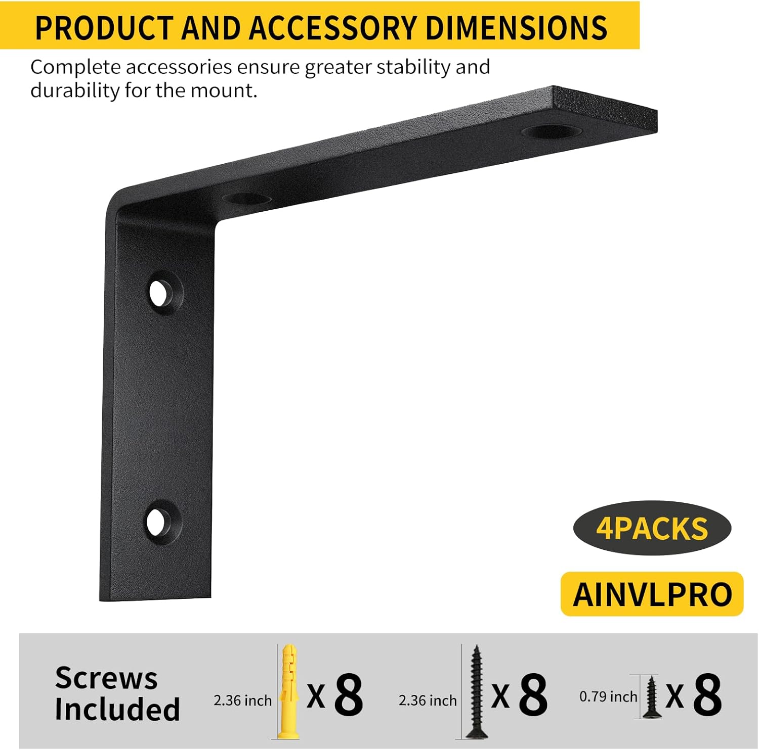 Heavy Duty Shelf Brackets 10 Inch of 4 Pack Floating Shelf Bracket, 0.24 Inch Thick L-Shaped Wall Mount Shelf Brackets, Cold Rolled Steel Matte Black Shelving Brackets