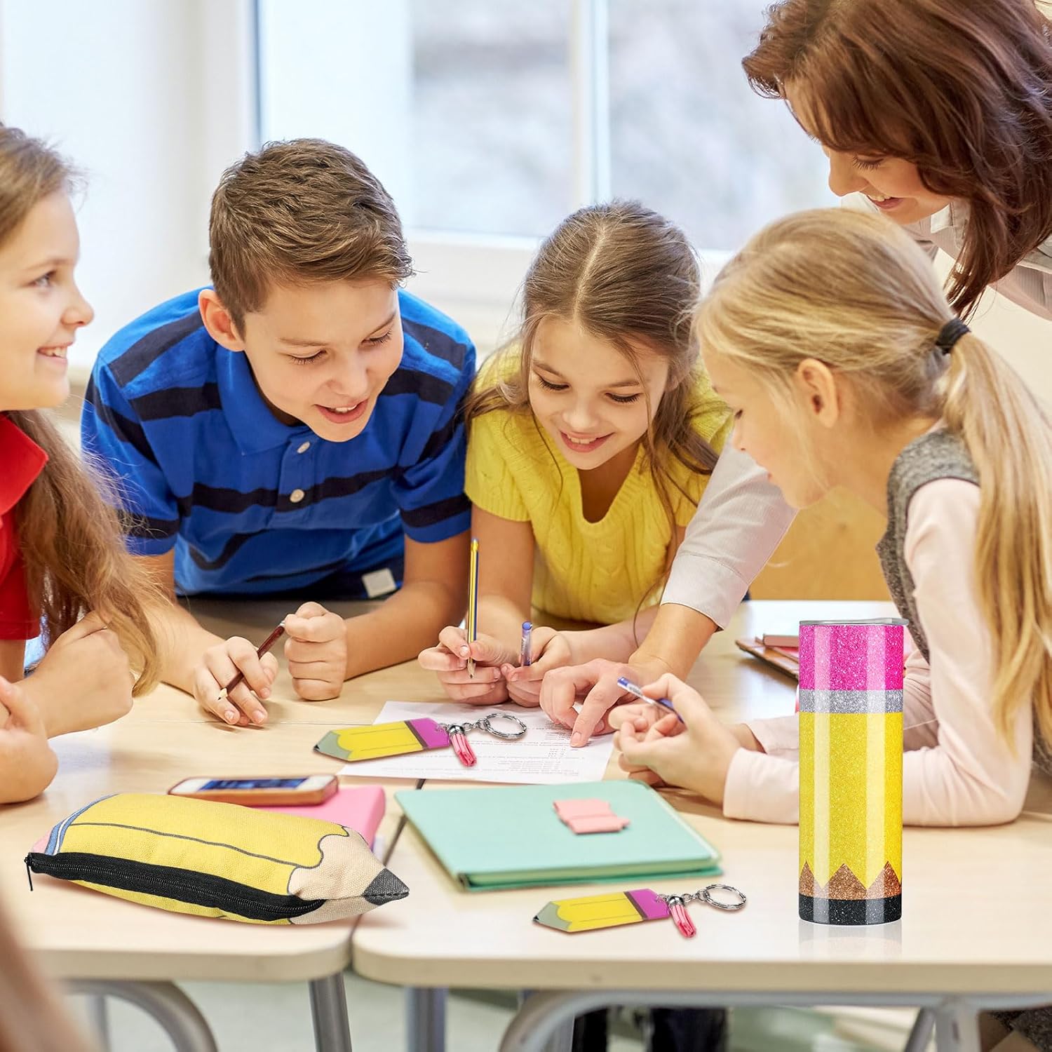 Abbylike 3 Pcs Teacher Appreciation Gifts 20oz Coffee Tumbler Pencil Glitter Tumbler with Lid & Straw Pencil Pouch Keychains Birthday Gifts - Image 7