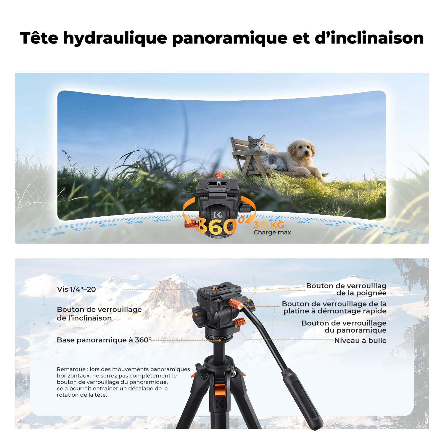 K&F Concept Trépied Aluminium 186cm avec Tête Fluide | Portable léger, pour DSLR/hybride/caméscope/streaming/vlog, charge 3kg, Air - A305A3+FH-04