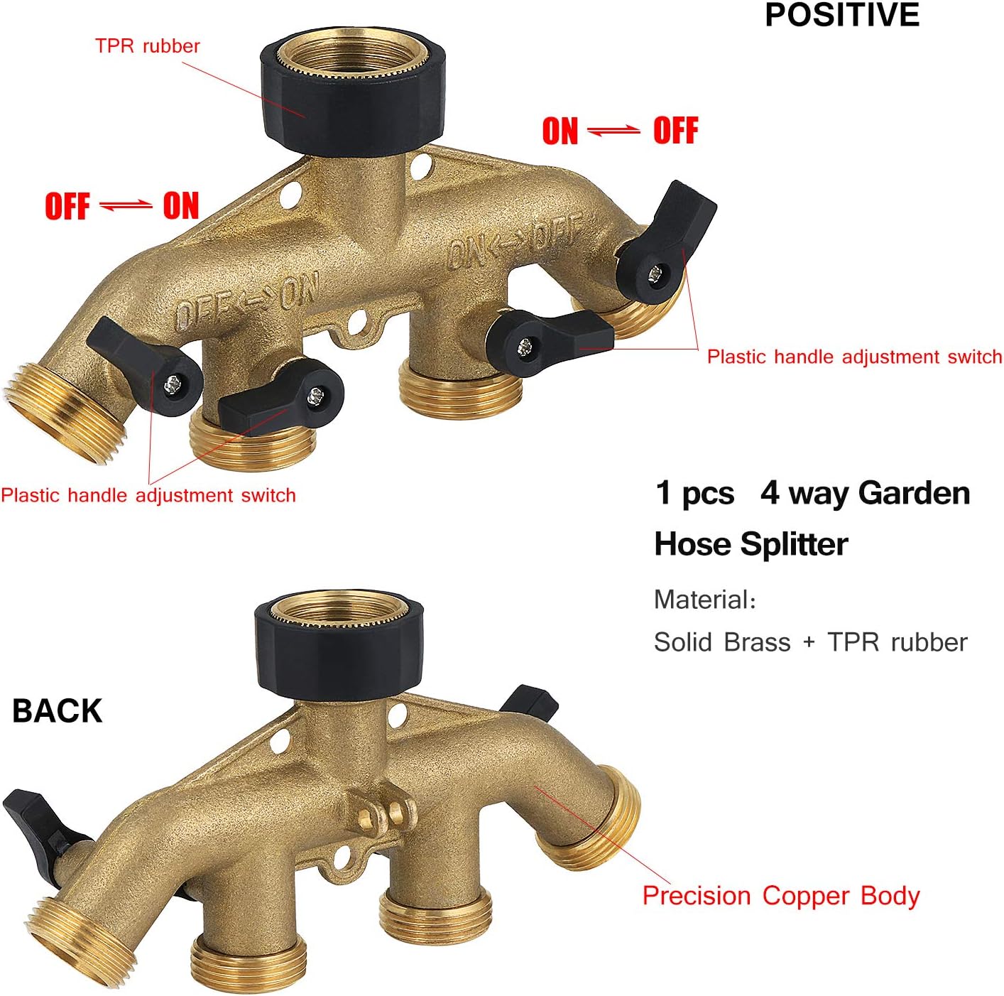 Moendergo Heavy Duty 4 Way Hose Splitter Tap, 3/4" Brass Hose Connector - Image 5