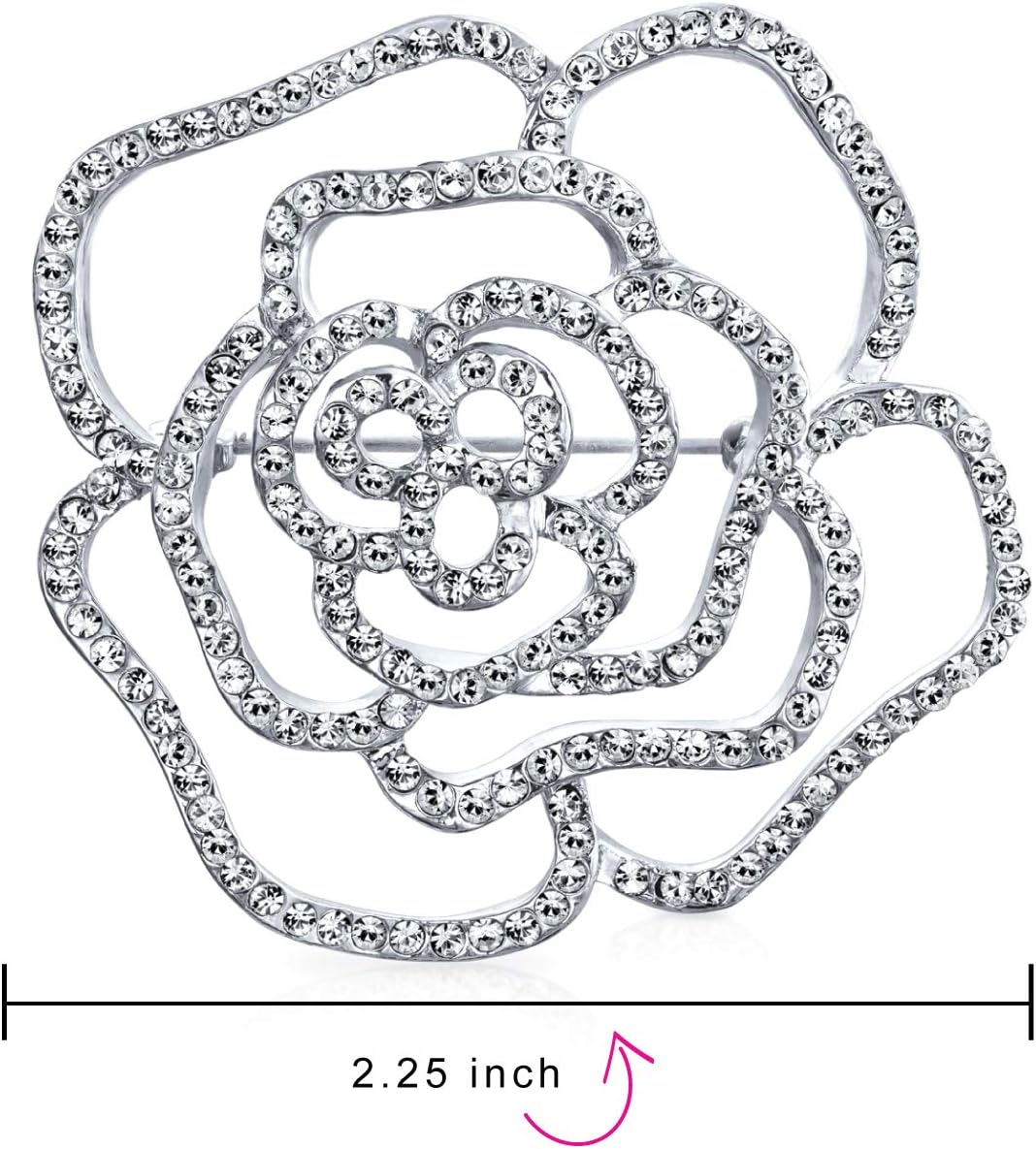 Large Fashion Statement Sparkling Party Rose Flower Shape Open Pave Crystal Wedding Brooch Scarf Pin For Women Silver Tone Rhodium Plated Brass