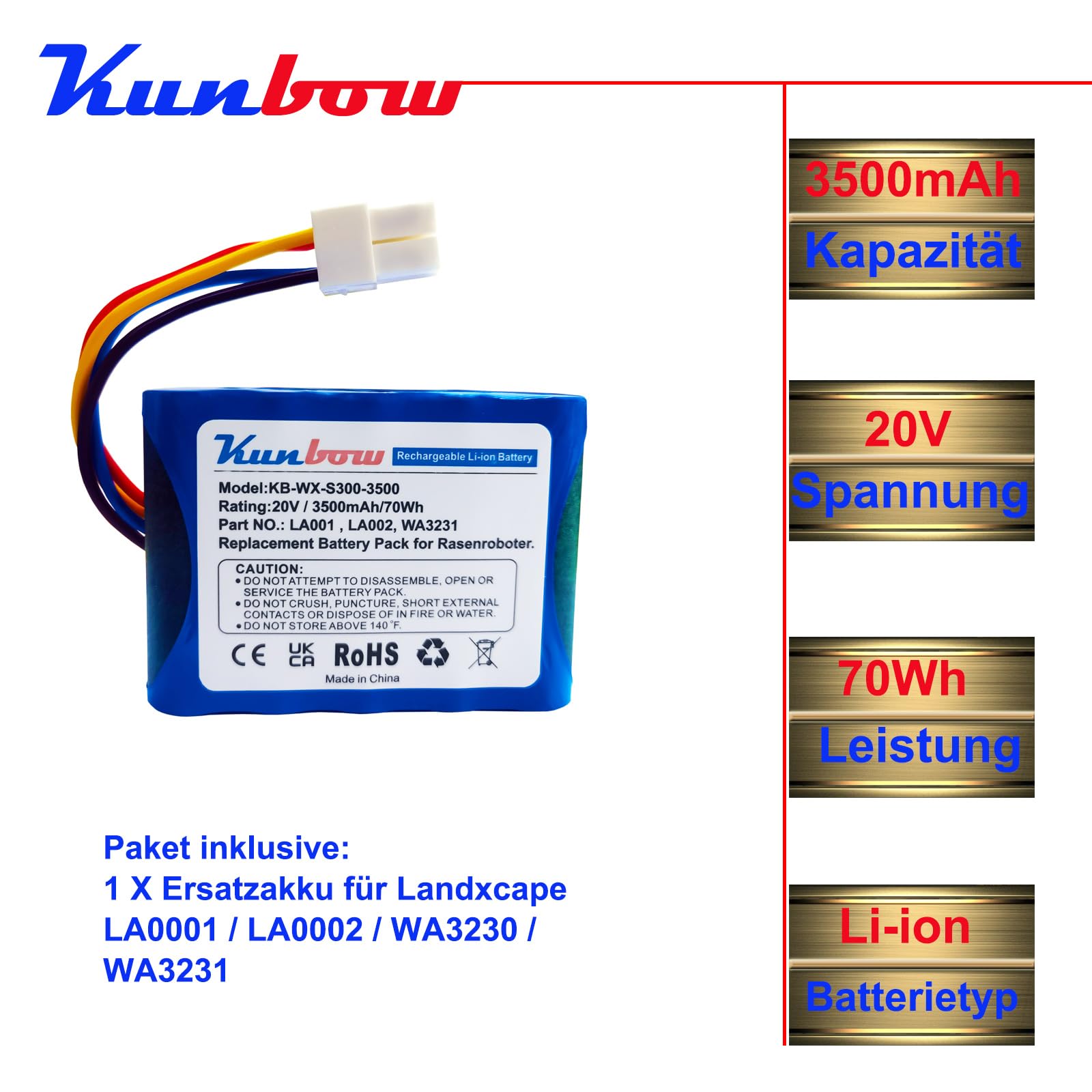 20V 3500mAh Rasenroboter-Akku, Ersatzakku für Landxcape LX790i / LX790 / LX792 / LX795 / LX796 / LX797 / LX991 & Ferrex 800 m² 2021, LA0001/LA0002/WA3230/WA323, Ersatz für Landxcape akku.