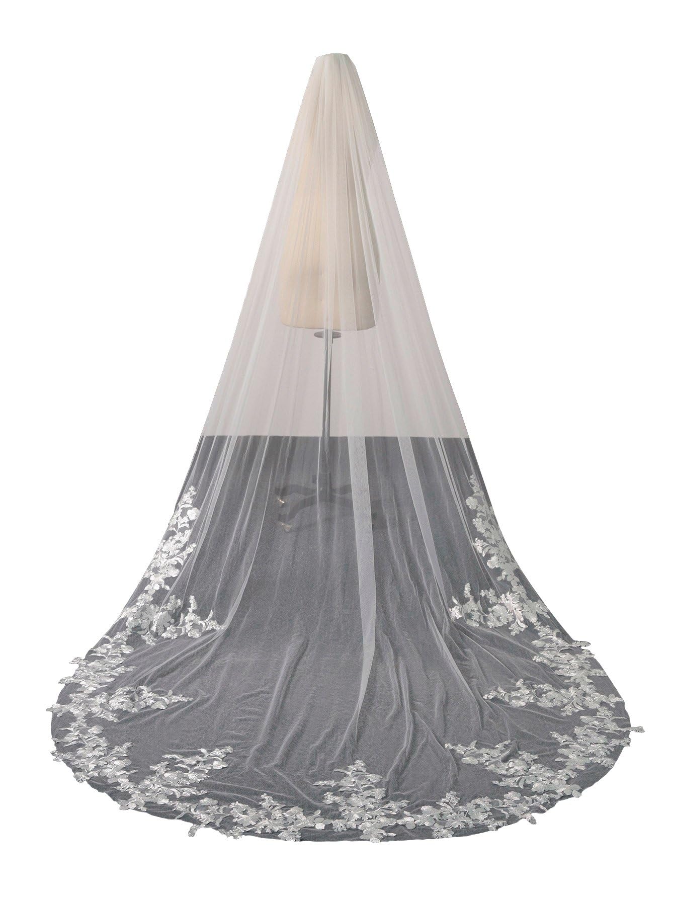 AiberLisha Cathedral Floral Applique Wedding Bridal Veil with Comb for Bride Off White