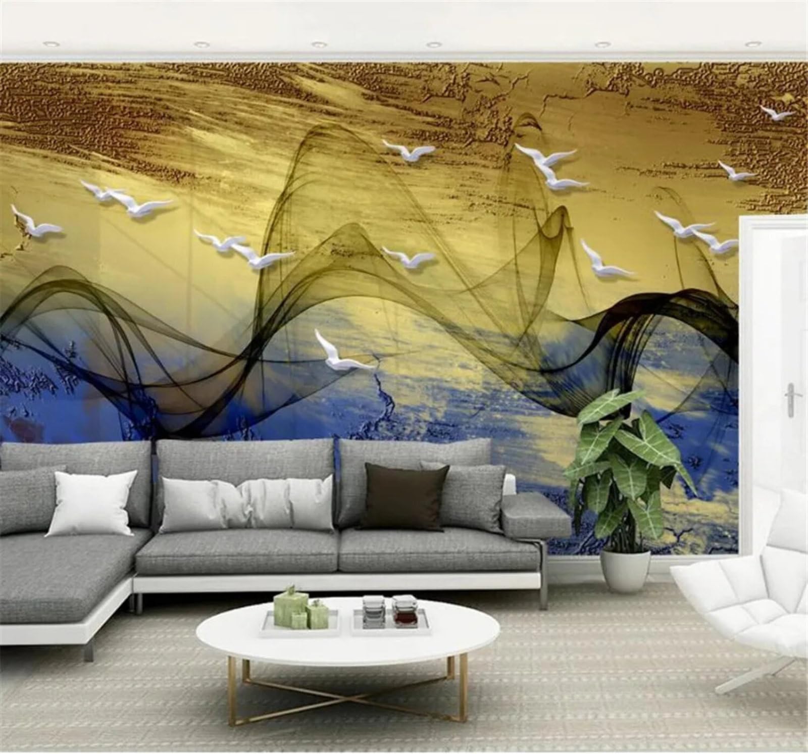 Tzxztt Abstract Ambience Lines Birds in Flight Gold Modern 3D Wallpaper Premium Textured Silk Neutral Tones Material Ideal for Living Room Bedroom-350cm×256cm