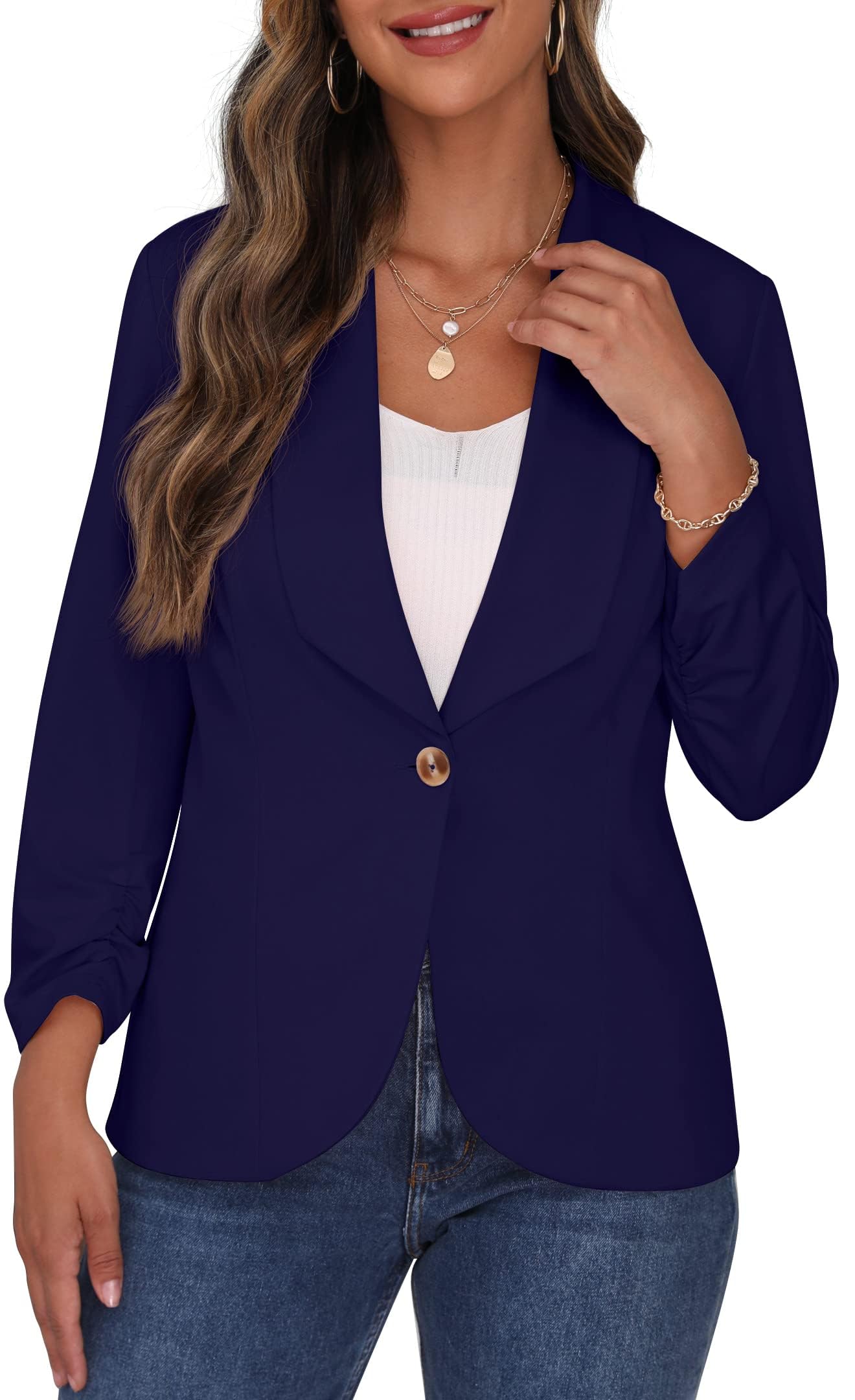 PrinStory Blazer Ouvert sur Le Devant pour Femme - Manches 3/4 froncées - Style décontracté - pour Le Travail et Le Bureau