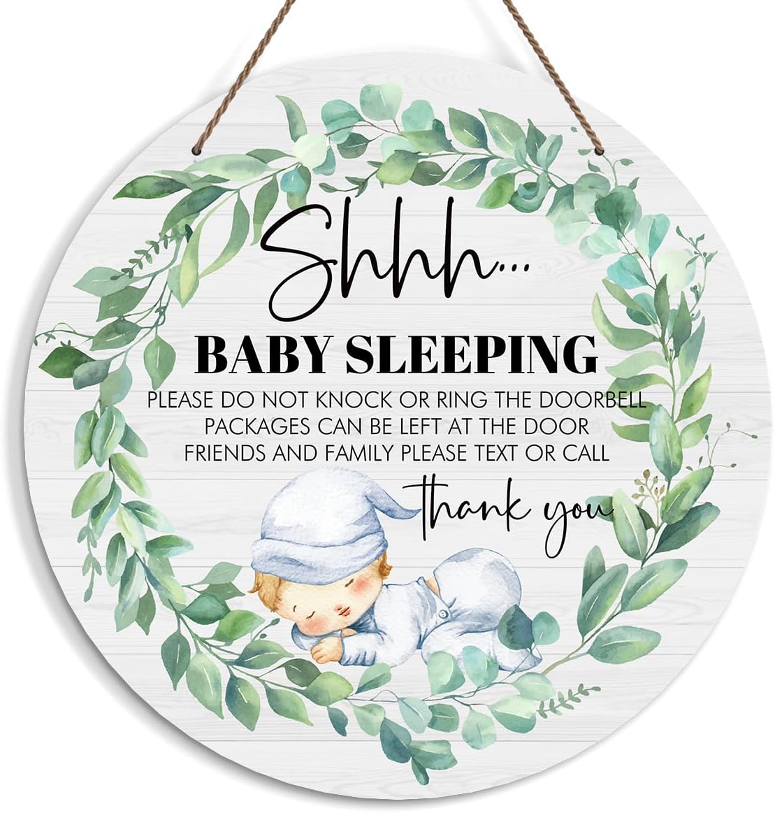 Baby Sleeping Sign for Front Door, Do Not Knock or Ring Doorbell Door Decorations, Wooden Hanging Sign for Farmhouse Porch Nursery, Greenery Wood Door Hanger for Outdoor, Kids Room Wall Decor -40