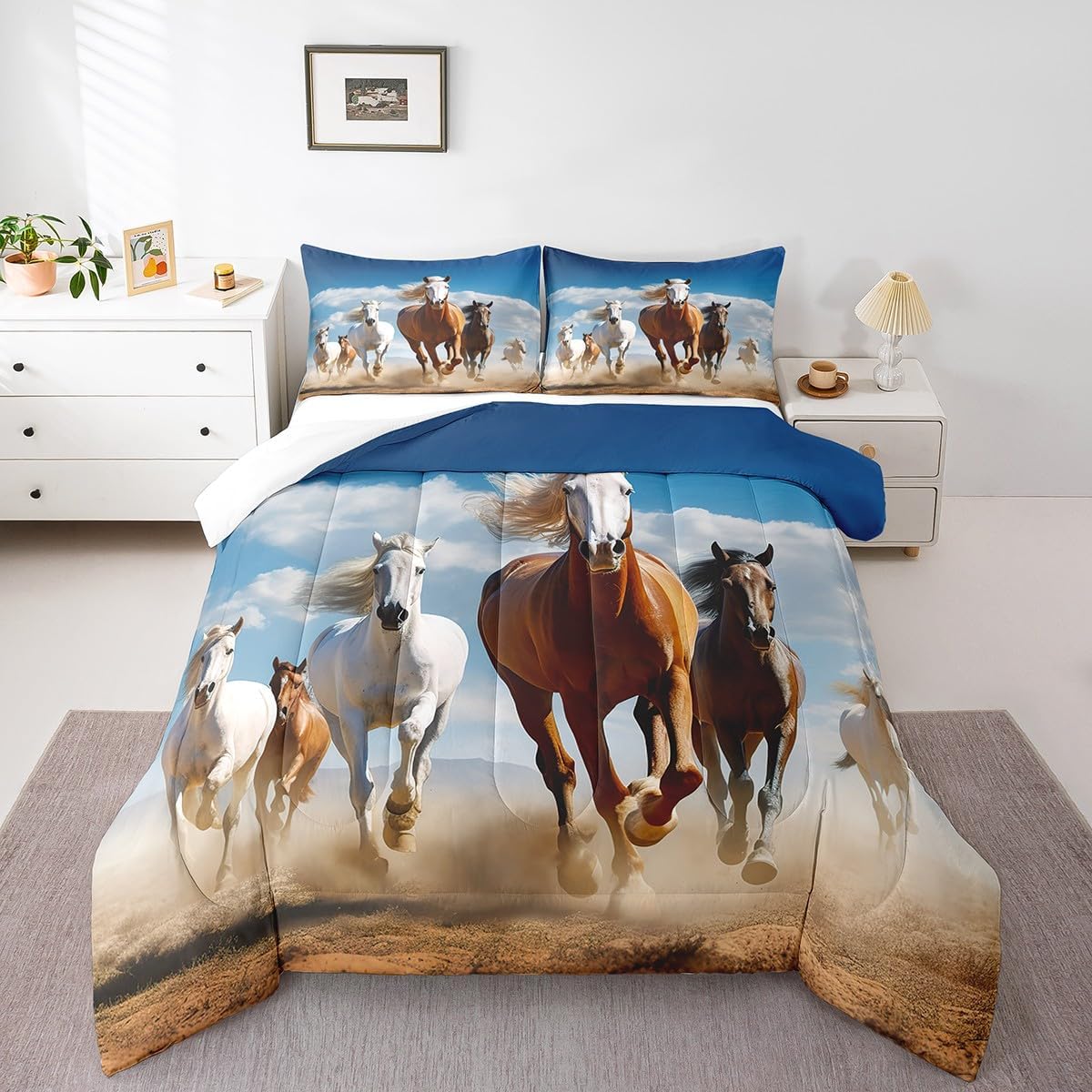 Feelyou Kids Horse Comforter King Size, Galloping Horse Bedding Set Cute Animal Decor Comforter Set Boys Girls Wild Animal Teens Duvet Set Room Decor Bed Set 3Pcs