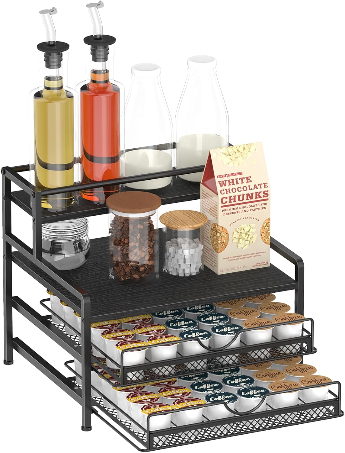 OGEMXU Coffee Bar Organizer, Coffee Pod Organizer,3 Tier Coffee Syrup Rack Organizer,72 K Cup Storage for Counter Storing K Cup,Coffee Syrups, Coffee Makers and Other Coffee Supplies-Black