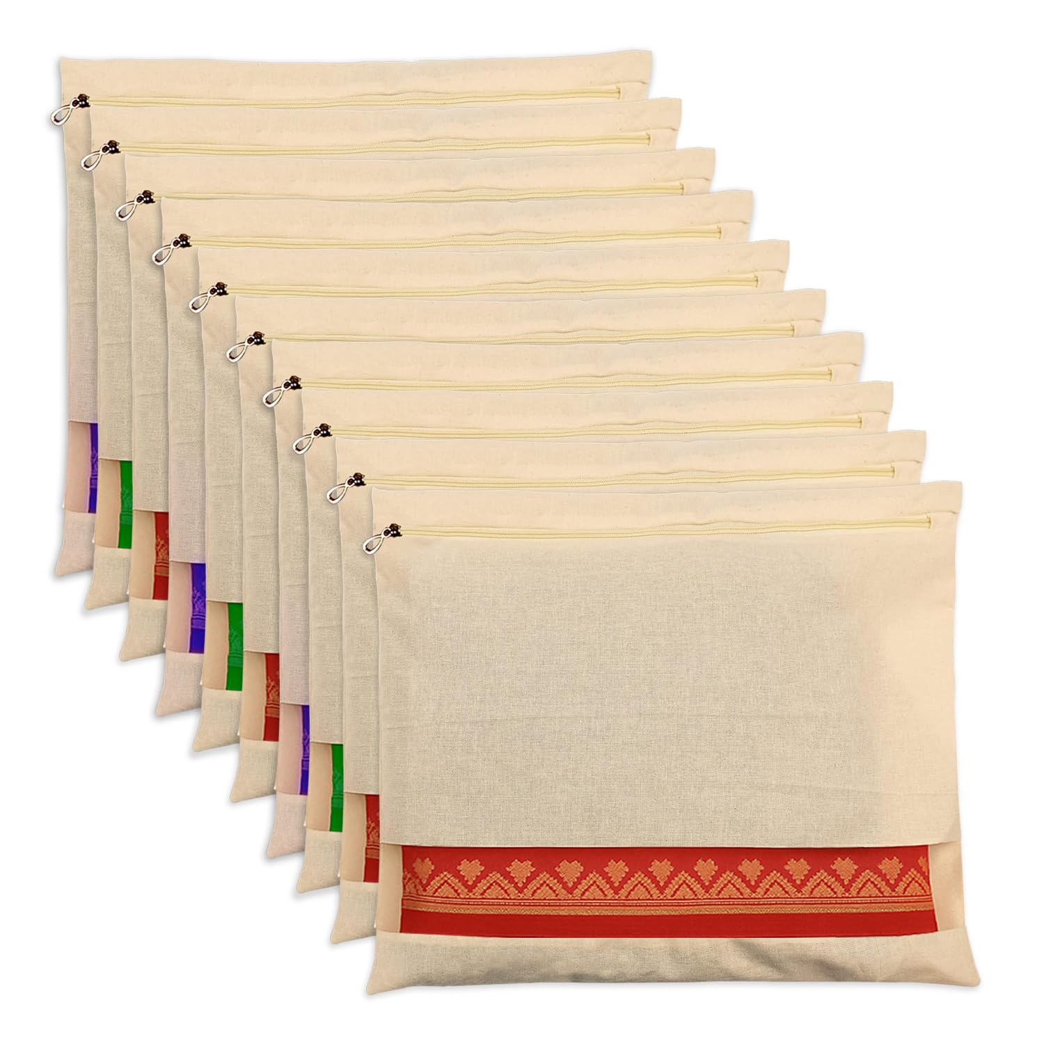 SITTELLA Pack Of 10 Cotton Saree Clothes Bags/Covers/Poches For Storage With Zip Closure (16 X 14 Inches, Beige)-image-42
