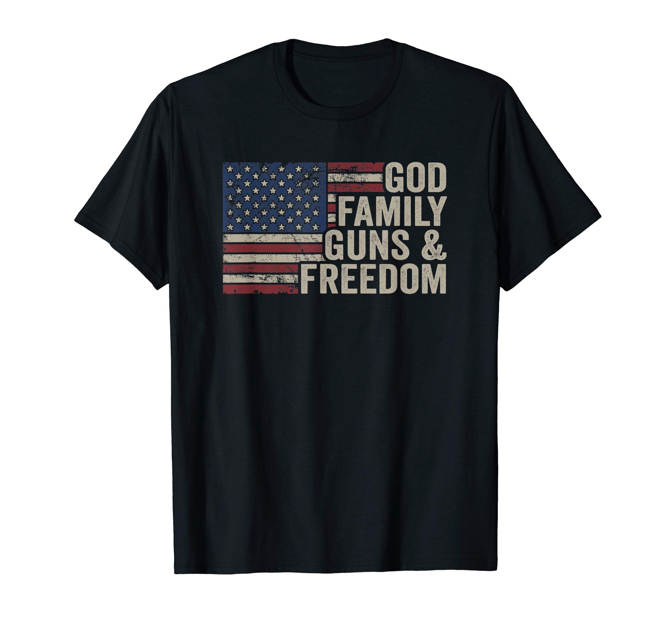 Conservative Christian Pro Gun Vintage USA ApparelGOD FAMILY GUNS & FREEDOM - Pro Gun Vintage USA Flag T-ShirtOEKO-TEX STANDARD 100