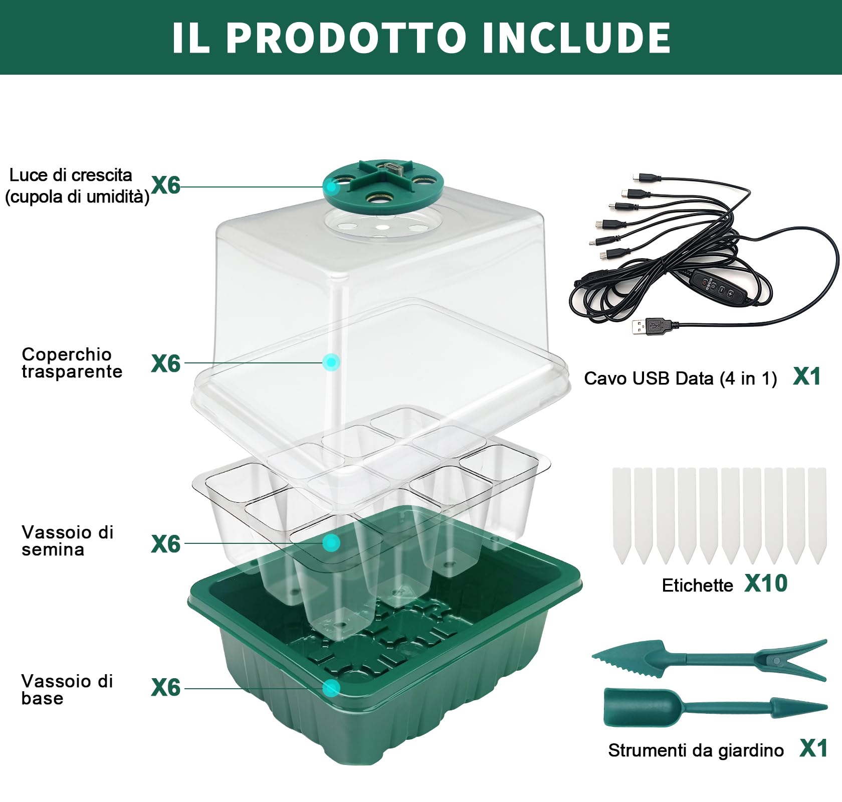 6 Pezzi Vassoi per La Germinazione, Vassoi per Semi Con Luce A Spettro Completo Kit, Semenzaio Propagatore Semi con Grow Light Vassoio per Serra Giardino Verdura Frutta Seme Piante In Mini Serra