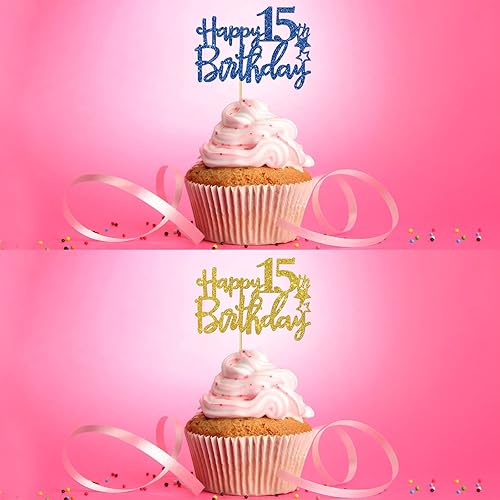 Miniatura 4 de Decoración para cupcakes de feliz cumpleaños de 15 años, suministros para cupcakes de cumpleaños de 15 años, decoraciones de fiesta de cumpleaños de