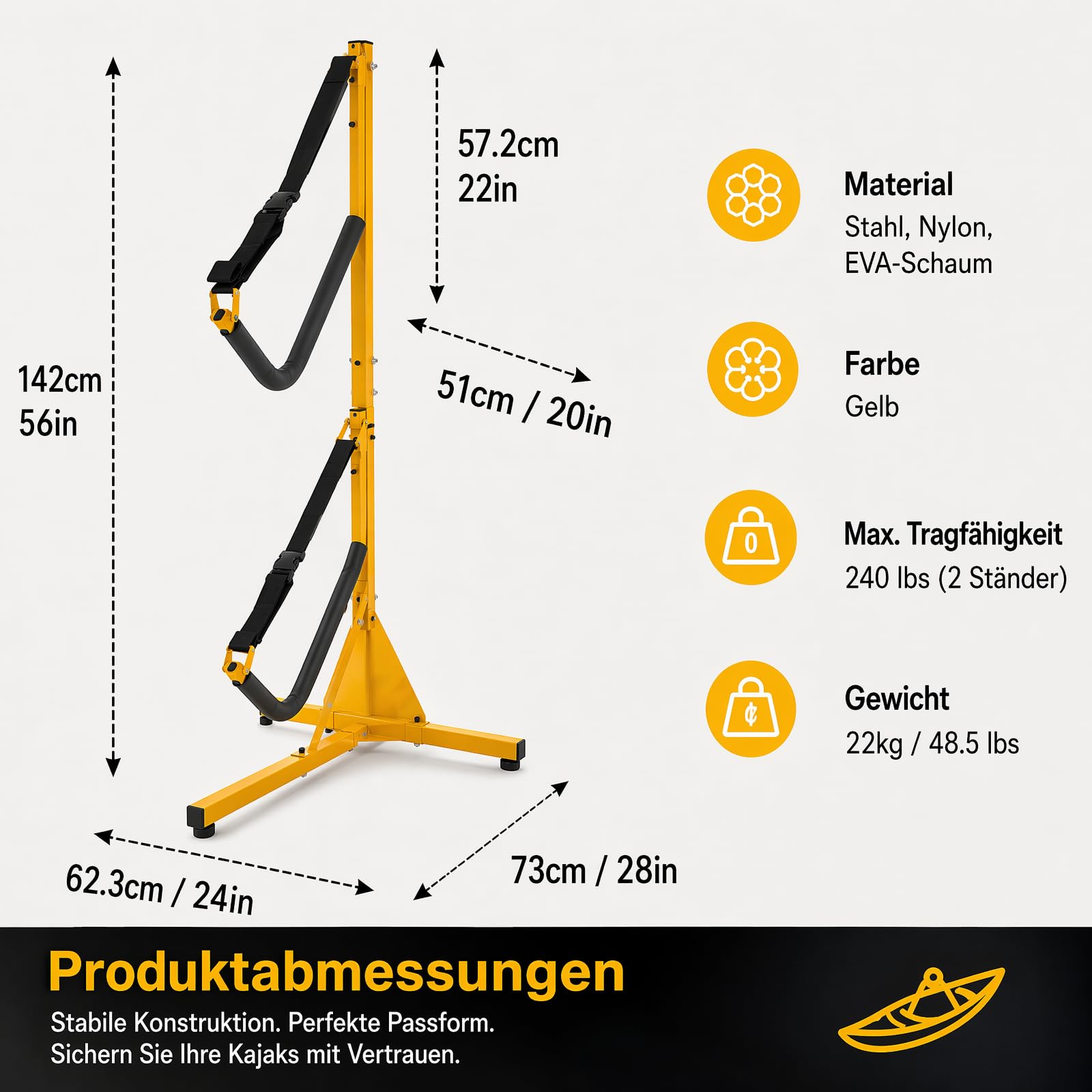 Juego de 2 soportes para kayak, 73 x 62,3 x 142 cm, estantería de almacenamiento de kayak plegable, soporte de almacenamiento de suelo para kayak, capacidad de carga de 240 libras para canoas, tablas