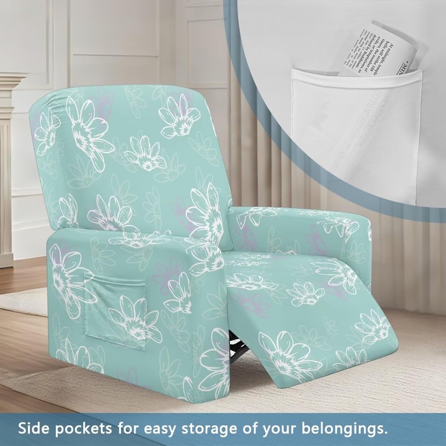 FOR U DESIGNS Blue Flowers Elastic Recliner Slipcover Stretchable Chair Cover for Reclining Sofas Living Room Elastic Loops Easy Install Washable Protective