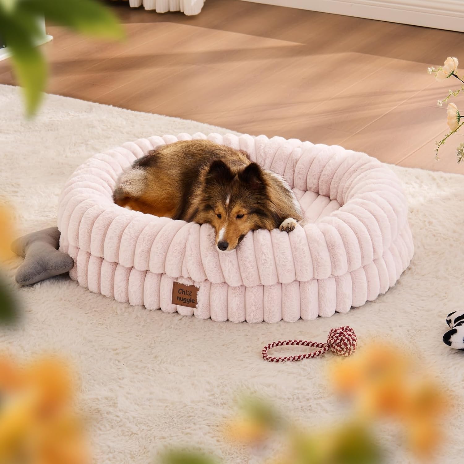 Dog Bed Medium Sized Dog - Luxury Striped Faux Fur Waterproof Pet Couch with Removable Washable Cover, Orthopedic Pet Bed with Bolster Sides for Sleeping, Pink Pink Striped M(30*24*7)