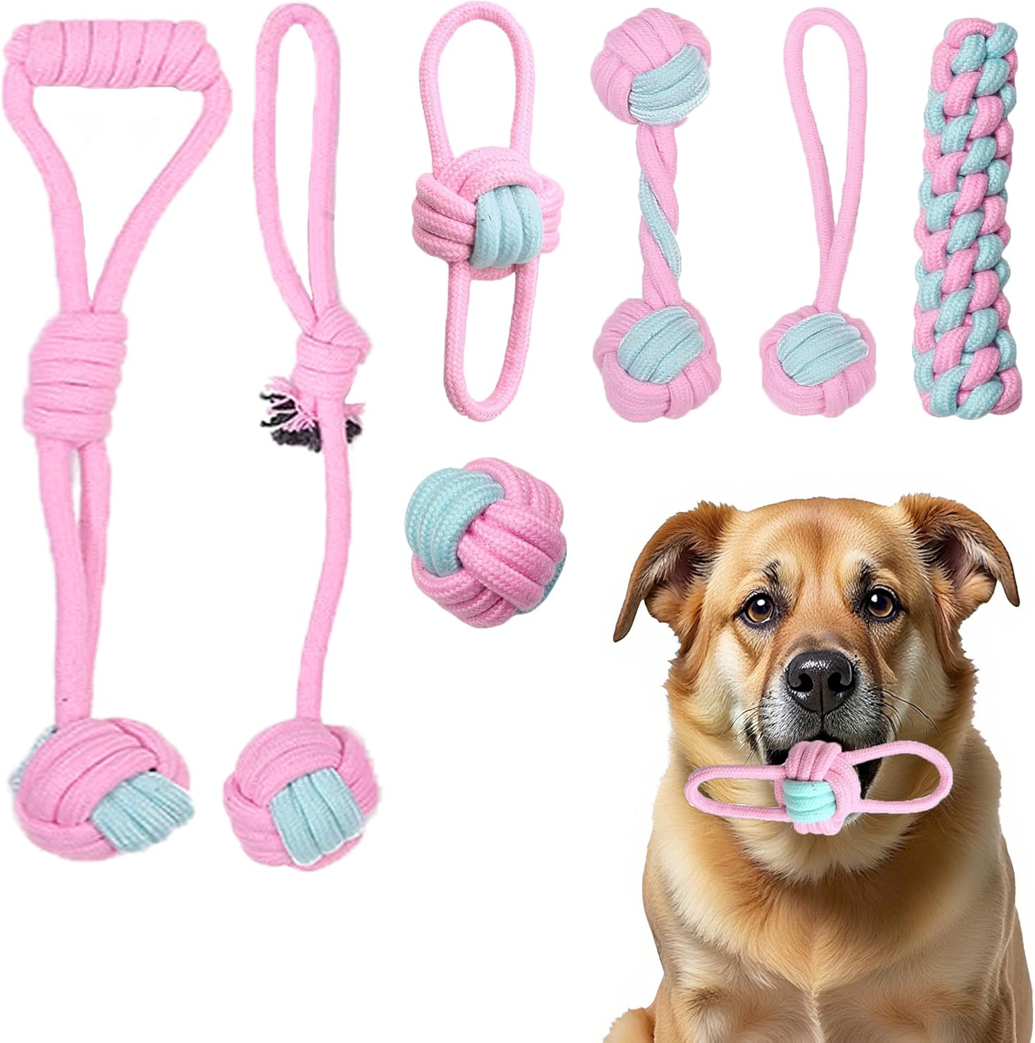 7 Pack Dog Rope Toys, Interactive Tough Chew Toys for Small and Medium Dogs, Clean Teeth and Relieve Boredom, Tug of War, Aggressive Chewers, Cotton Rope Knot Puppy Dental Toy, Pink Rope-pink